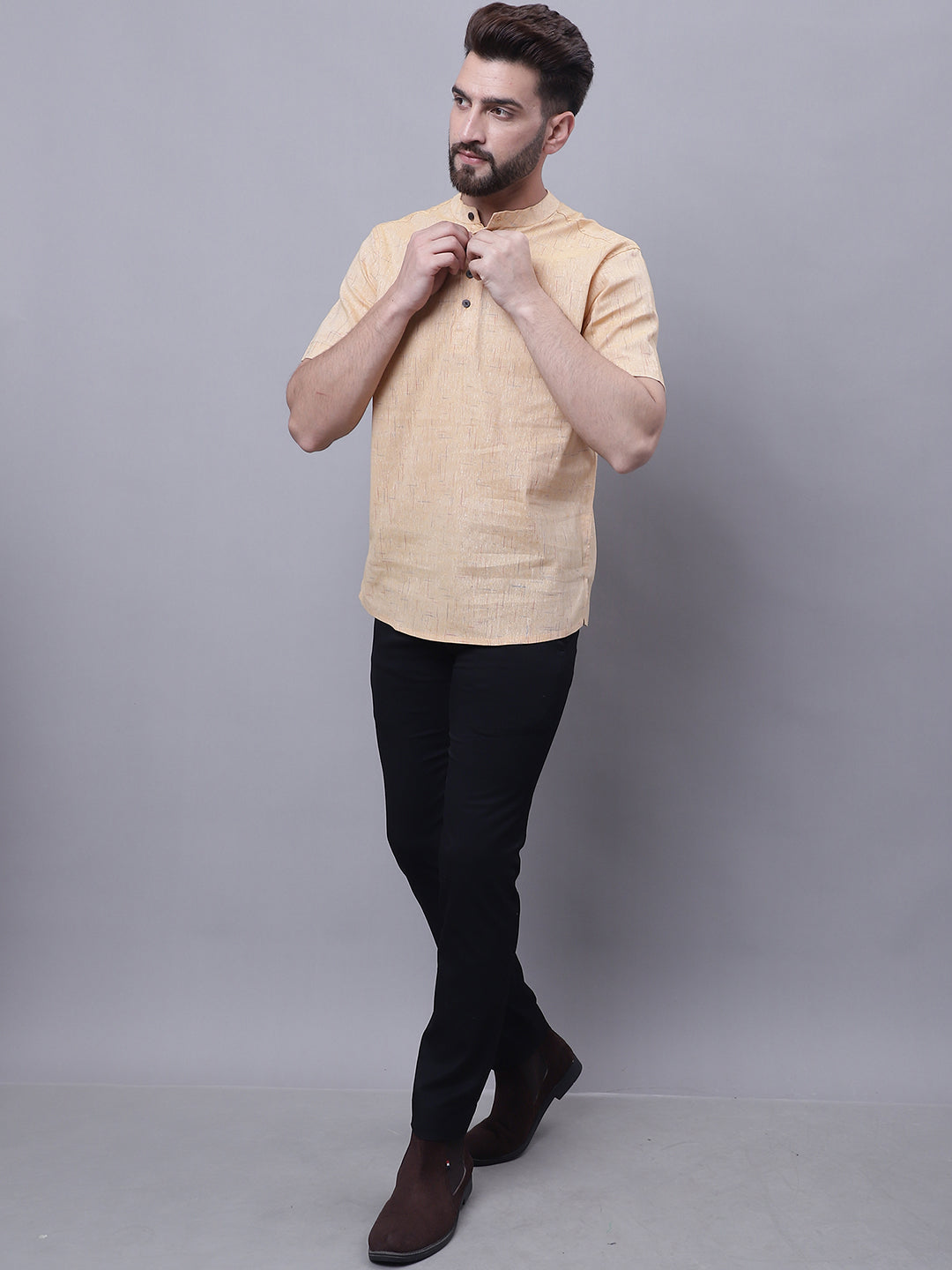 Even Apparels Beige Pure Cotton Short Kurta With Band Collar | Swadesiicart
