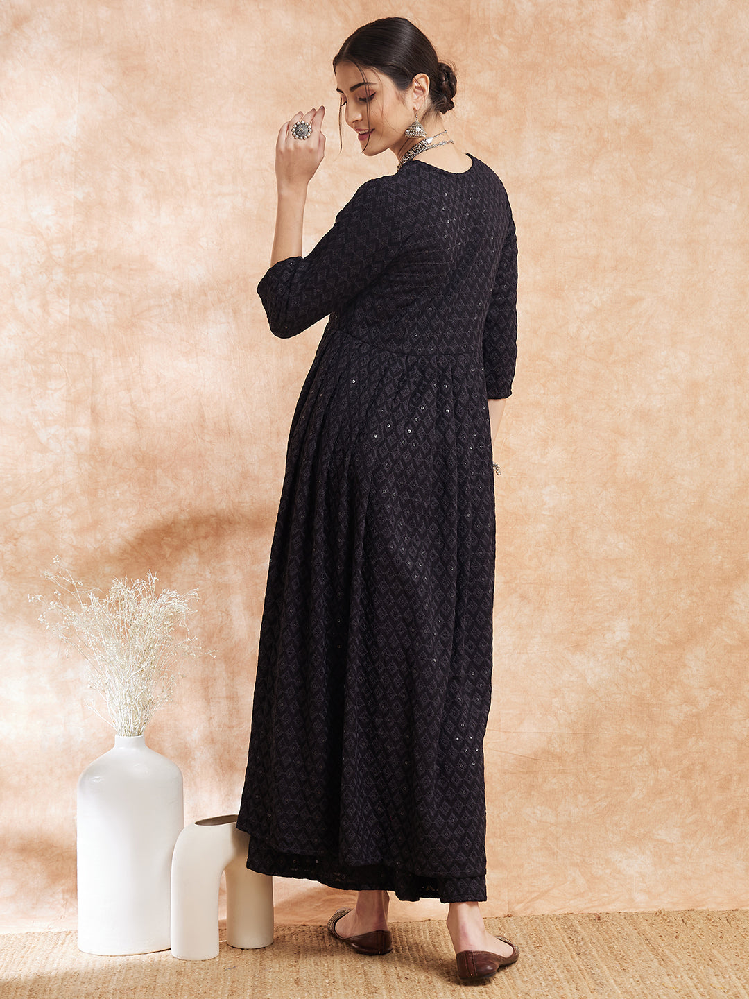 InWeave Women's Black Chikankari Long Anarkali Kurta Sharara Set - Swadesiicart