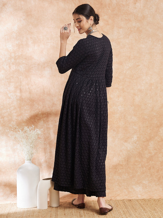 InWeave Women's Black Chikankari Long Anarkali Kurta Sharara Set - Swadesiicart
