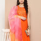 InWeave Women's Orange Mirror Work Aline Strappy Kurta Set W Pink Yellow Leh Dupatta - Swadesiicart
