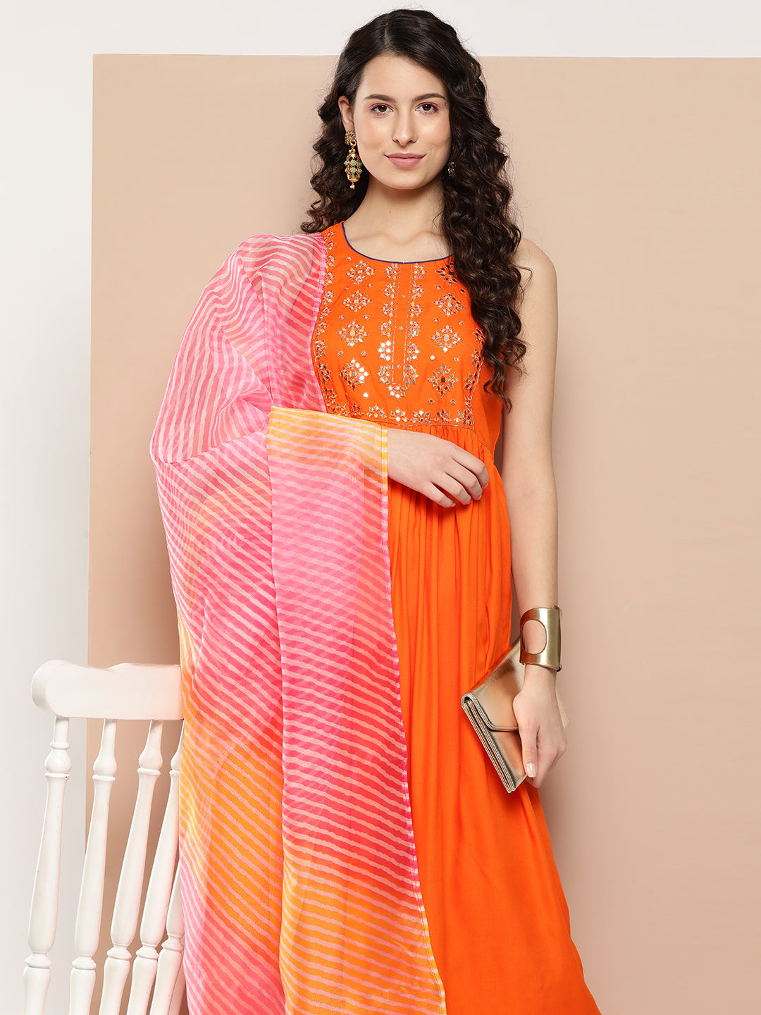 InWeave Women's Orange Mirror Work Aline Strappy Kurta Set W Pink Yellow Leh Dupatta - Swadesiicart