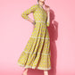 InWeave Women's Yellow Floral Print Tiered Dress With Lace - Swadesiicart