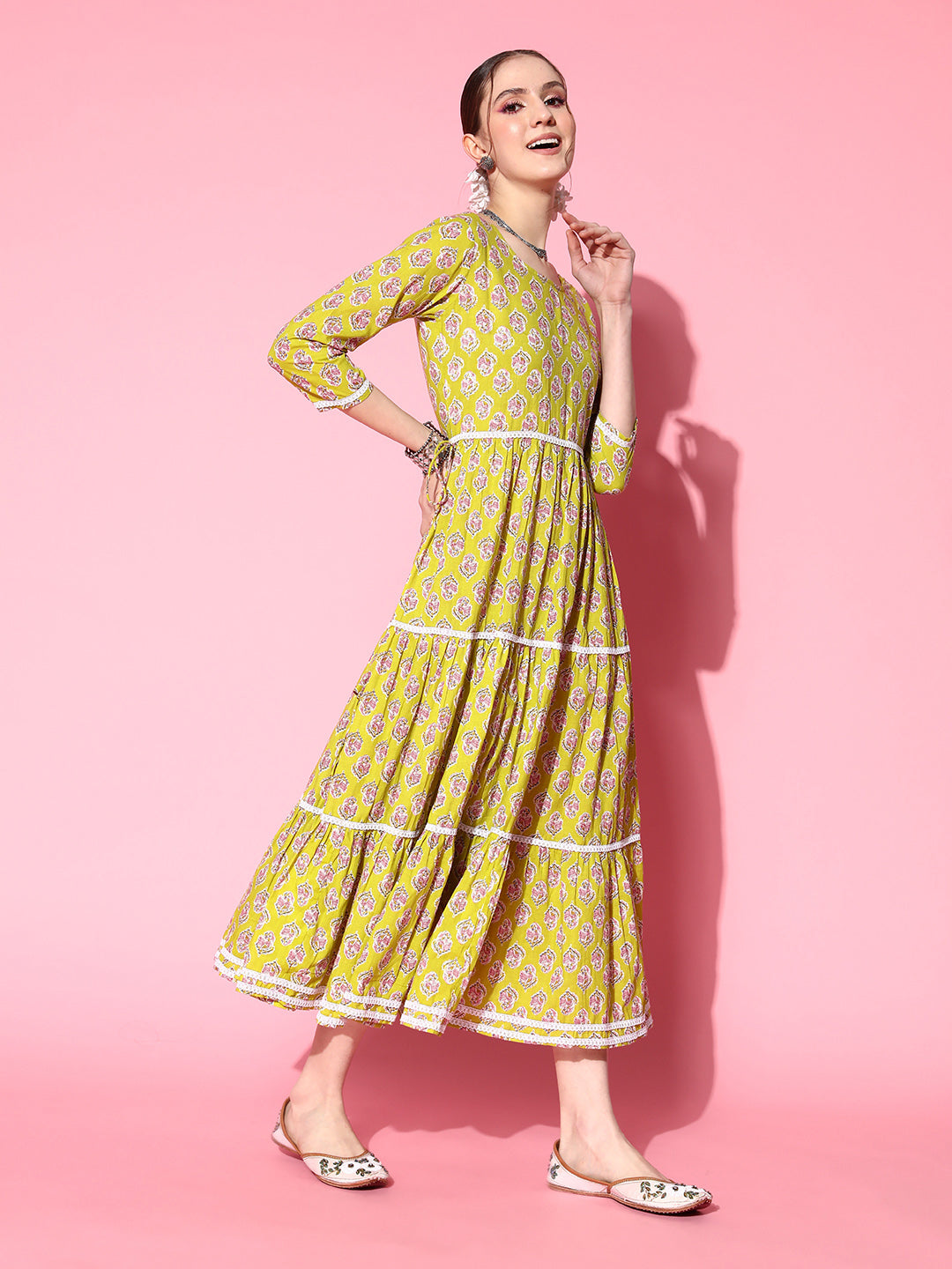 InWeave Women's Yellow Floral Print Tiered Dress With Lace - Swadesiicart