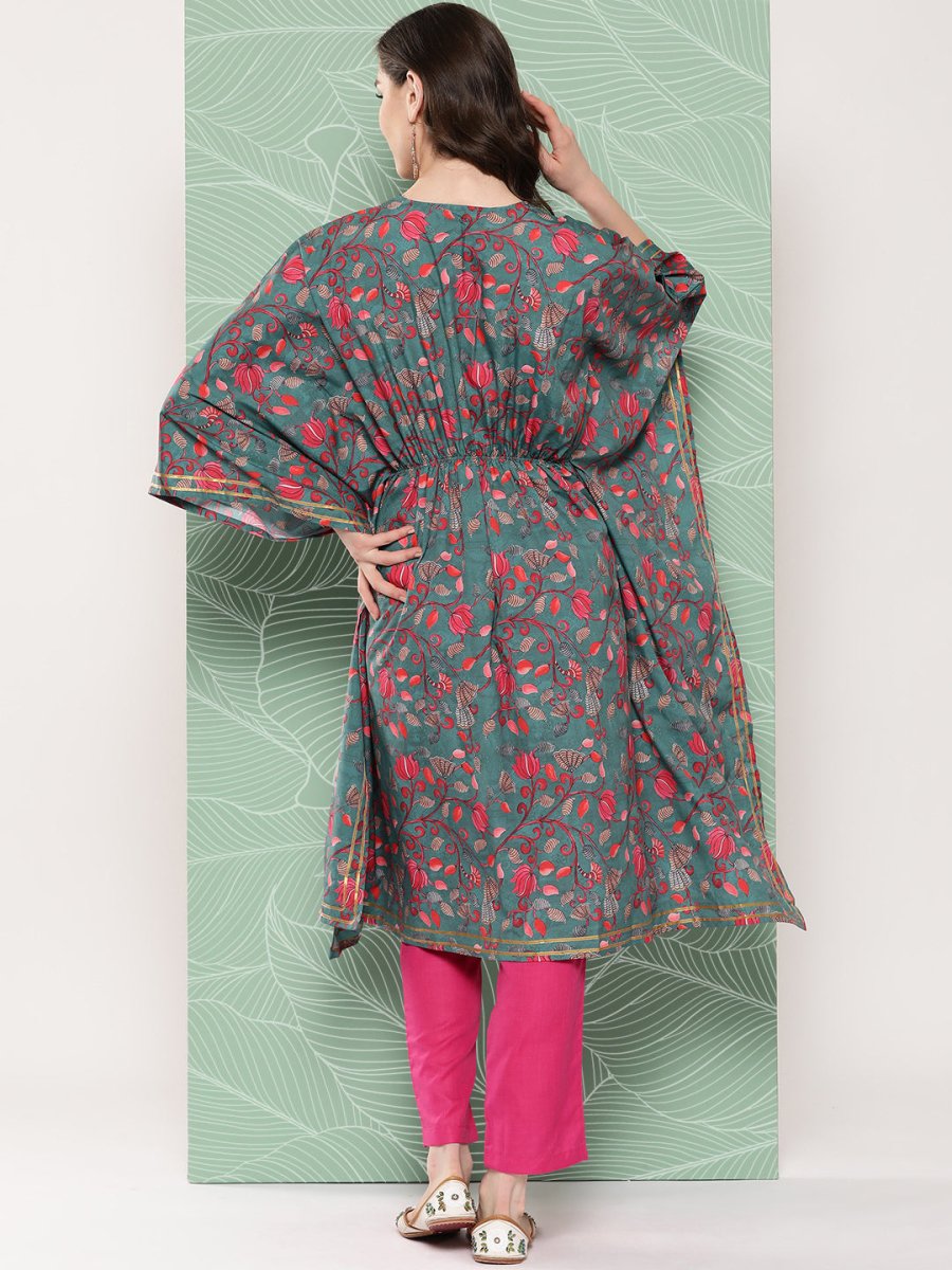 Ahalyaa Women Floral Printed Flared Sleeves Gotta Patti Crepe Kaftan Kurta | Swadesiicart
