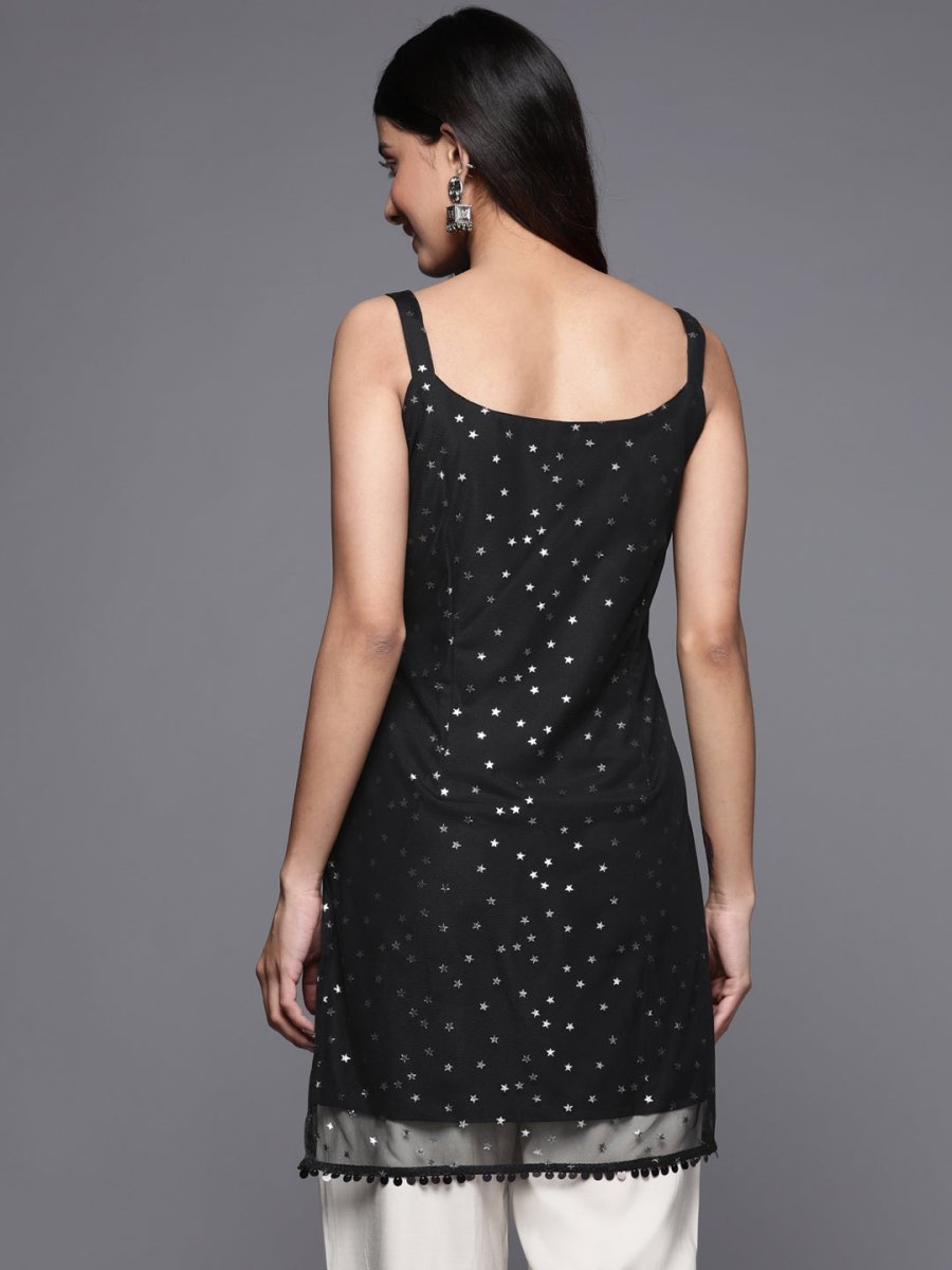 Ahalyaa Woman Silver Foil Printed Shoulder Straps Net Tunic | Swadesiicart