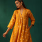 trueBrowns Mustard Geometric Floral Viscose Silk Front Gathered Kurta Pant Set | Swadesiicart