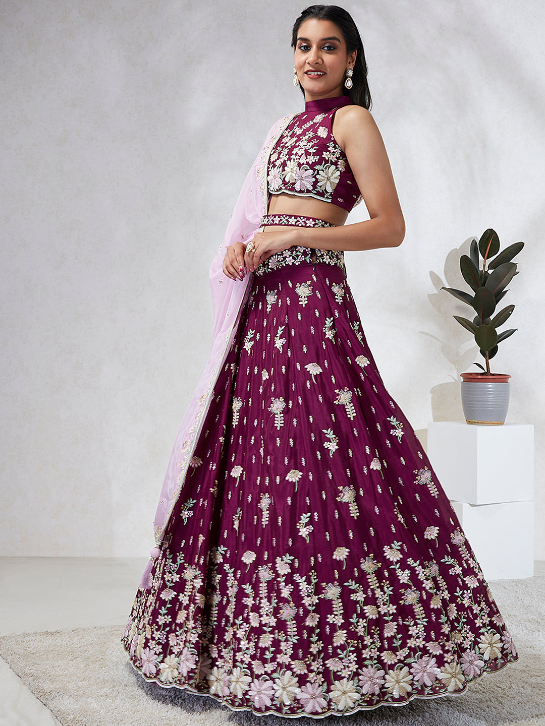 House of Panchhi Burgundy Pure Georgette Sequins And Thread Embroidery Lehenga Choli & Dupatta | Swadesiicart