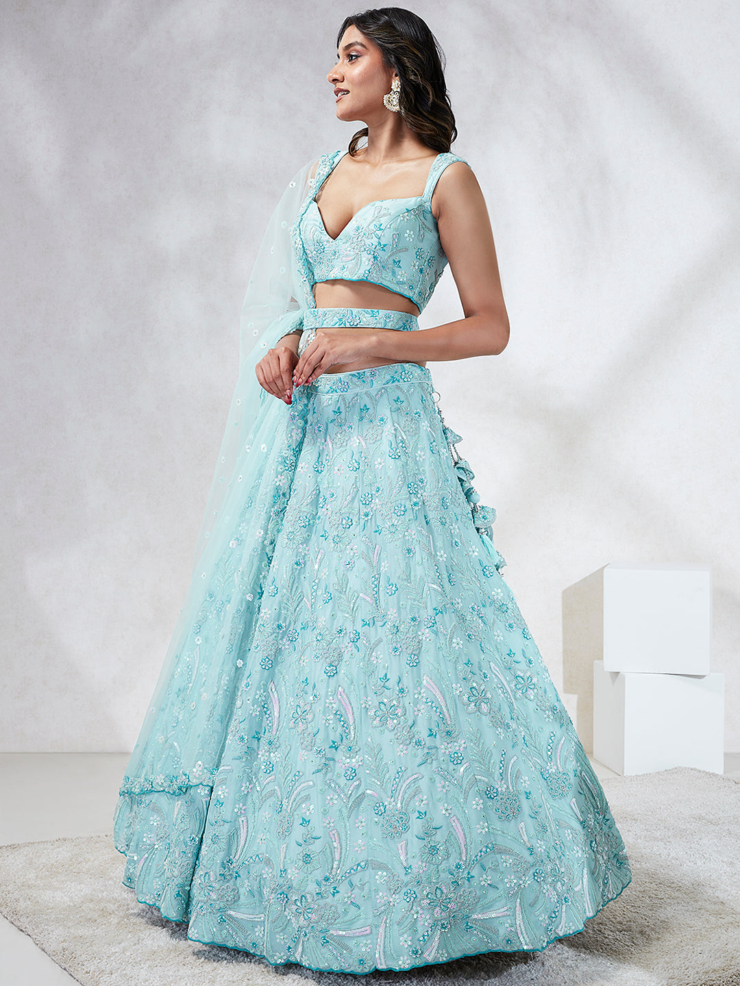 House of Panchhi Turquoise Blue Georgette Sequins And Thread Embroidery Lehenga Choli & Dupatta | Swadesiicart
