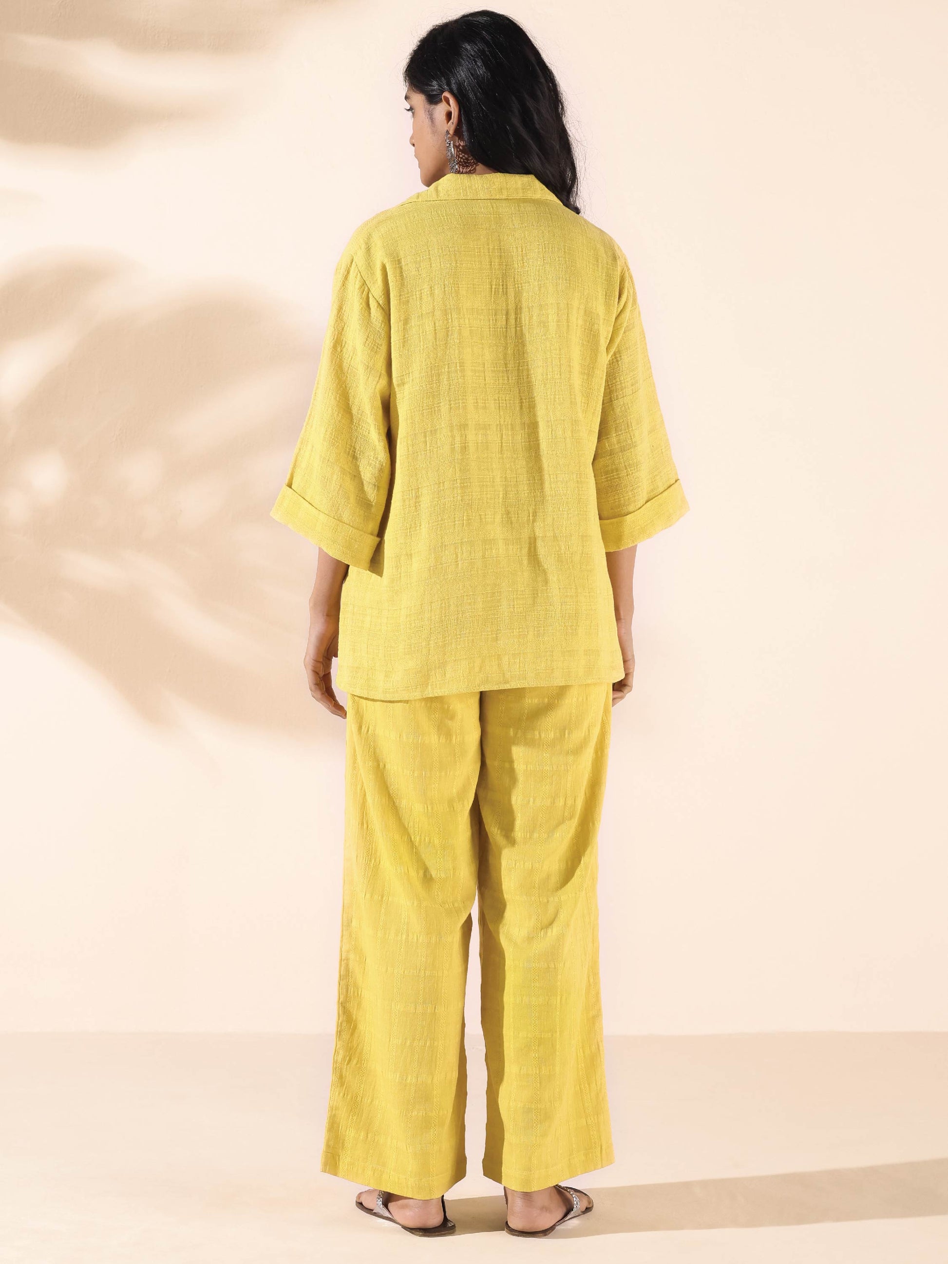 trueBrowns Lime Cotton Dobby V-Neck Co-ord Set - Swadesiicart