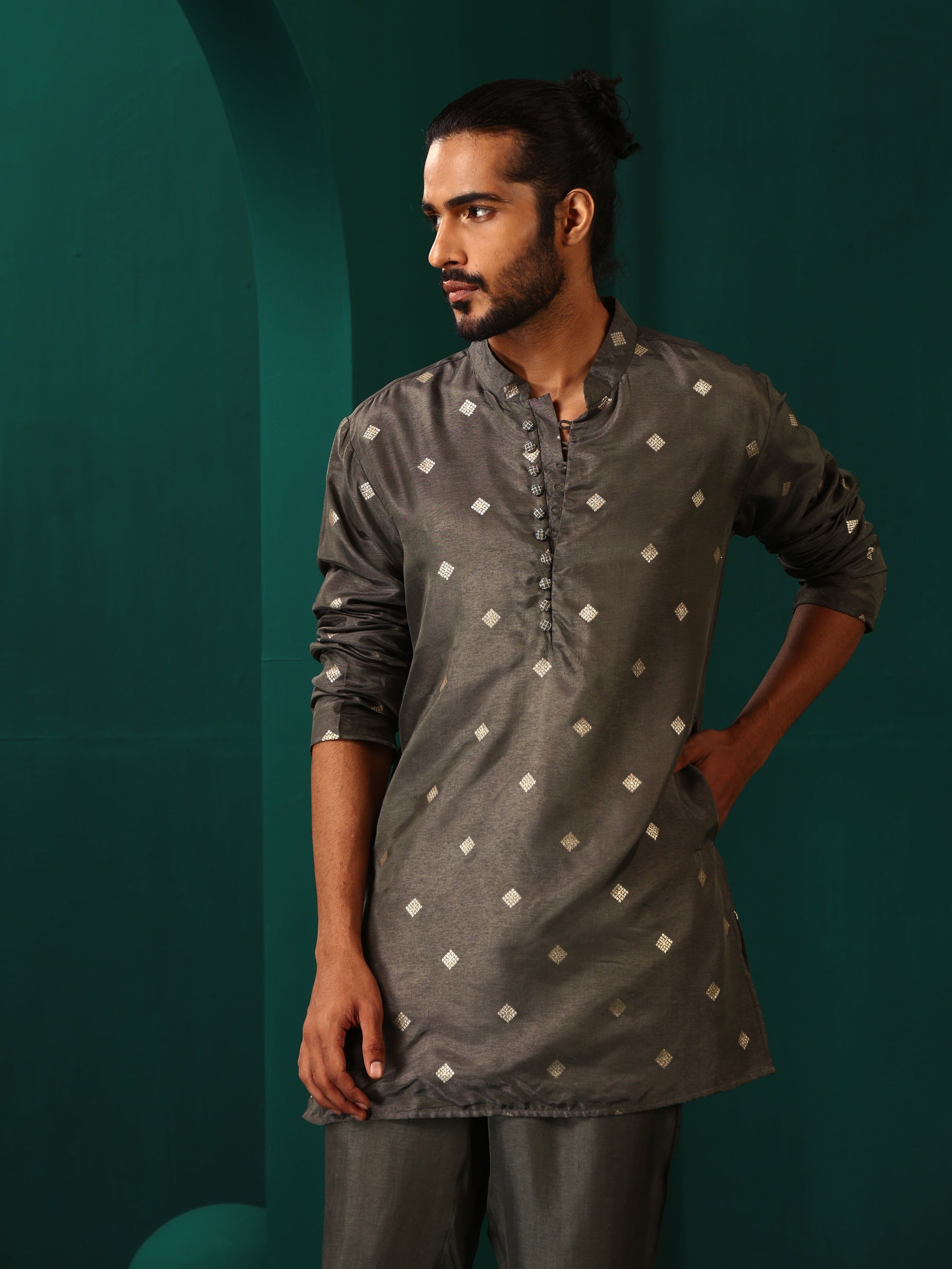 trueBrowns Men's Grey Diamond Viscose Silk Co-ord Set - Swadesiicart