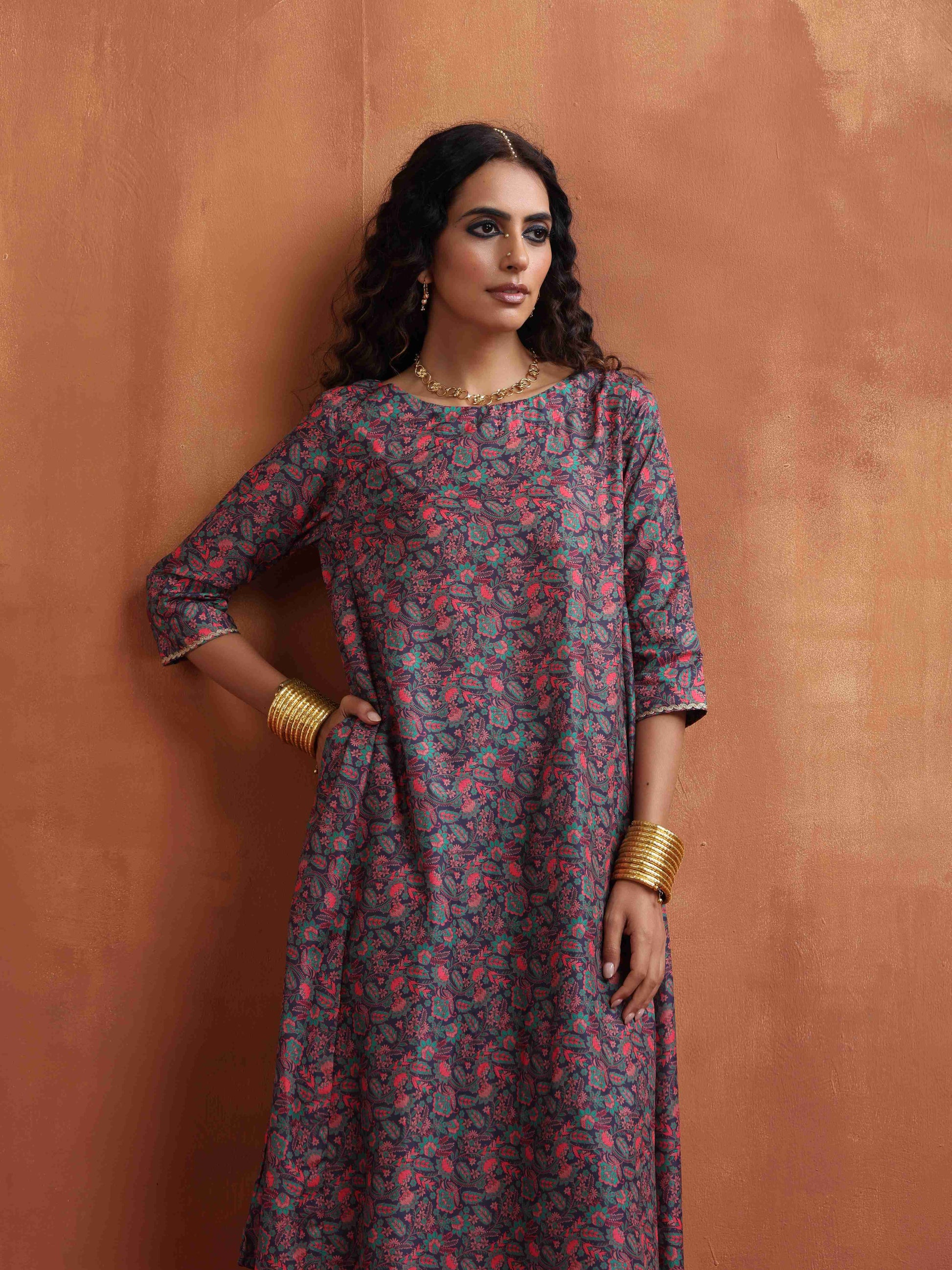 trueBrowns Purple Print A-line Kurta Set | Swadesiicart