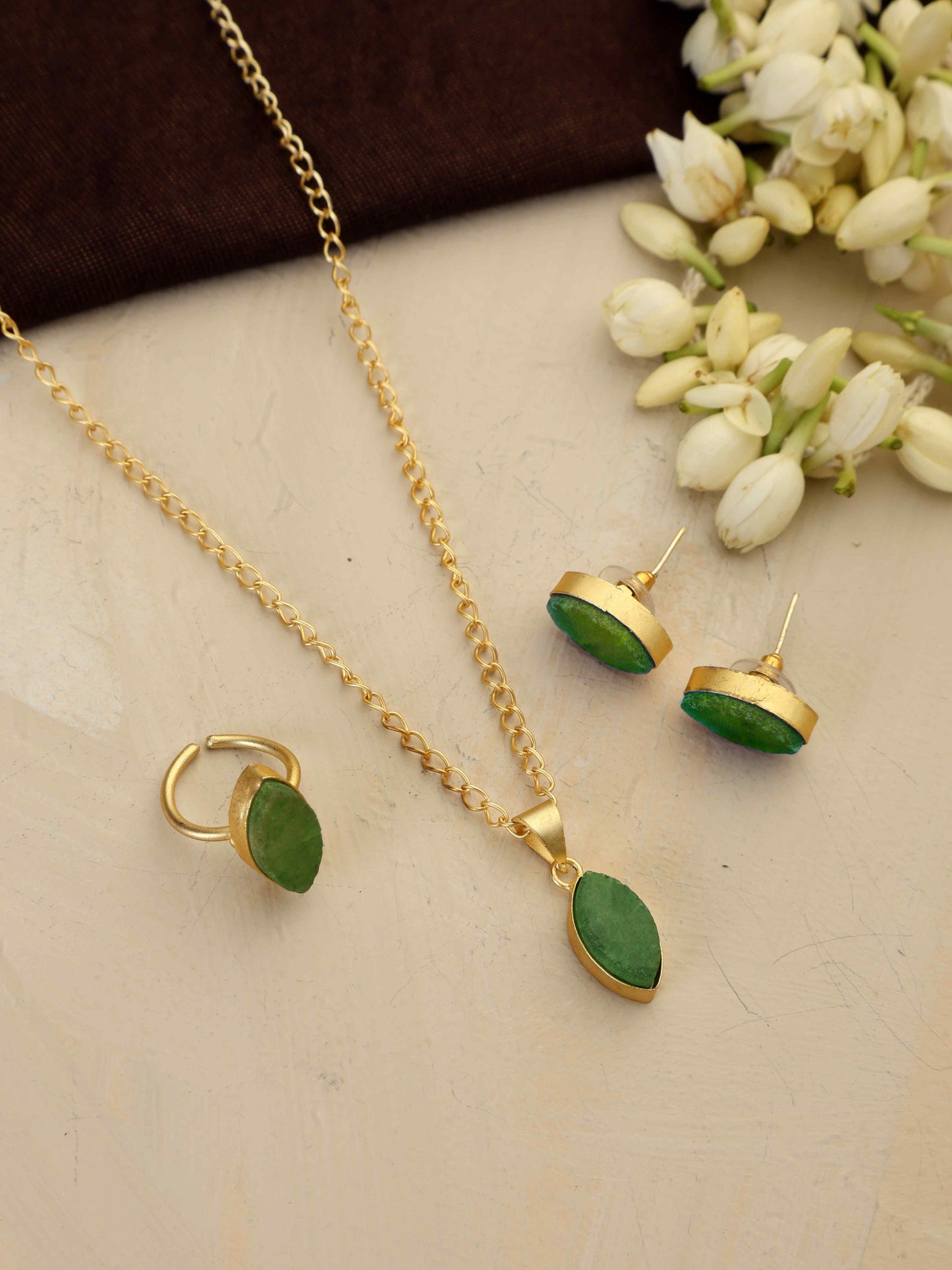 trueBrowns Gold Tone Green Stone Pendant Set - Swadesiicart