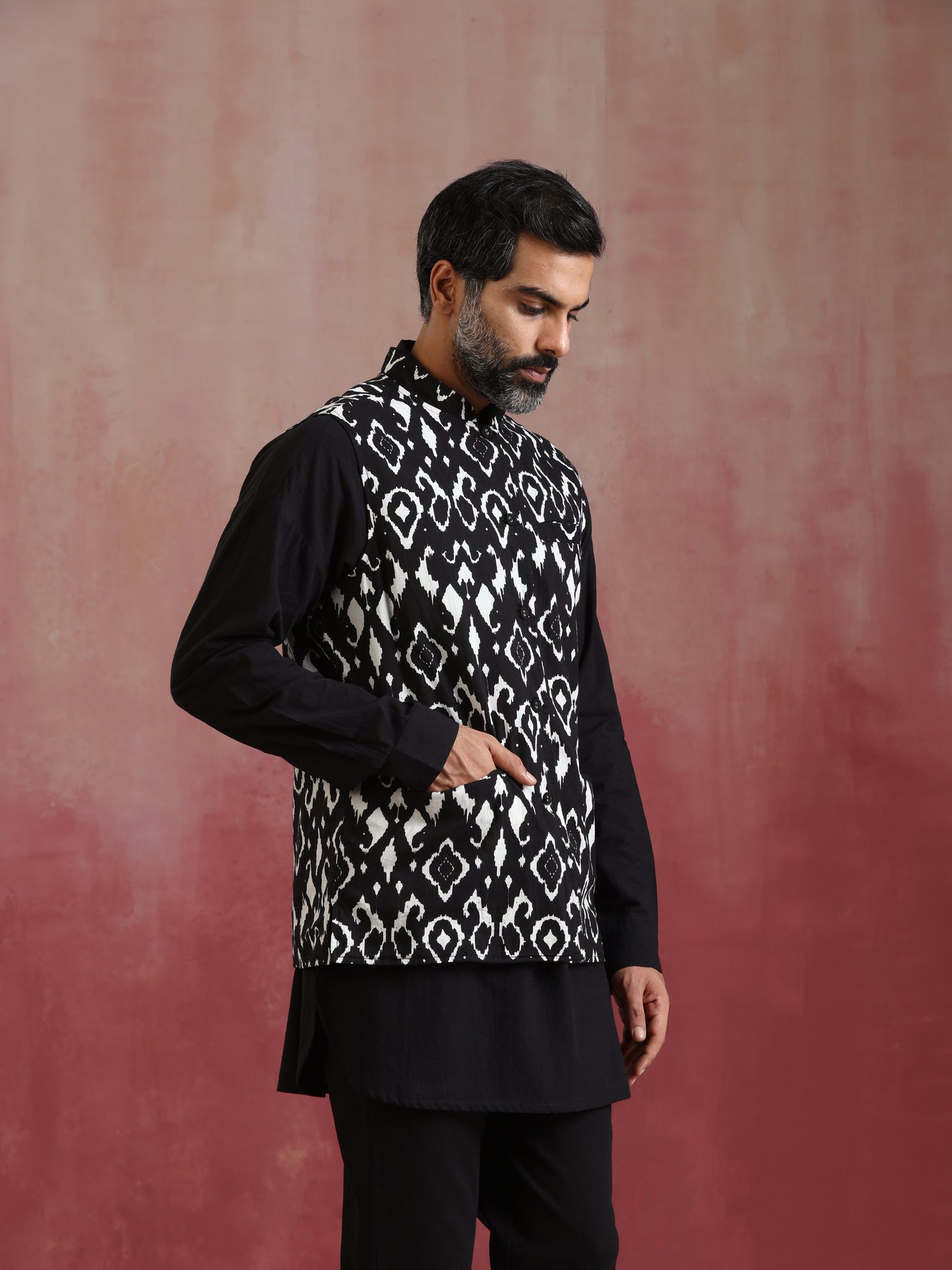 trueBrowns Men's Black Ikat Print Cotton Reversible Nehru Jacket | Swadesiicart