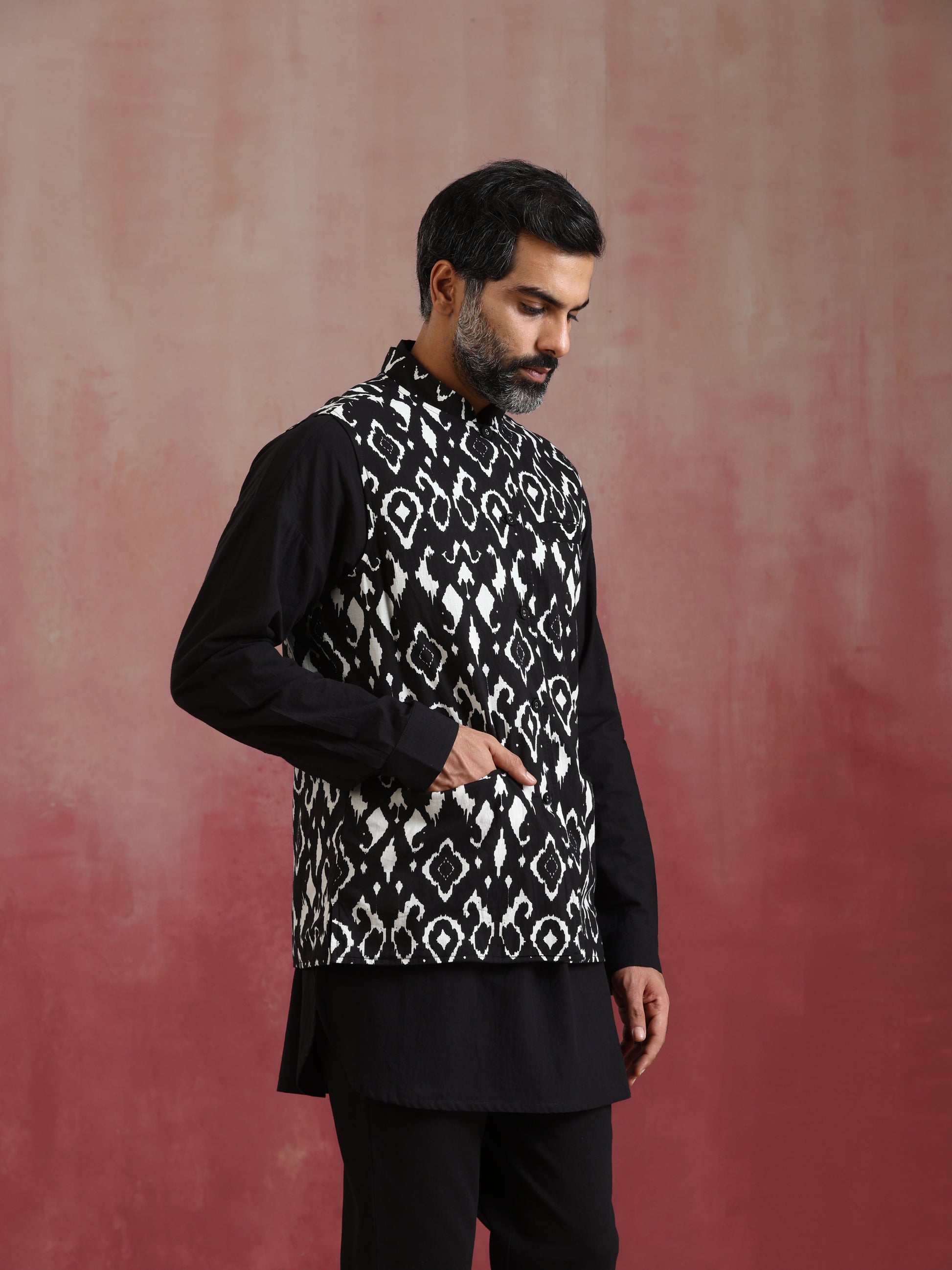 trueBrowns Men's Black Ikat Print Cotton Reversible Nehru Jacket | Swadesiicart