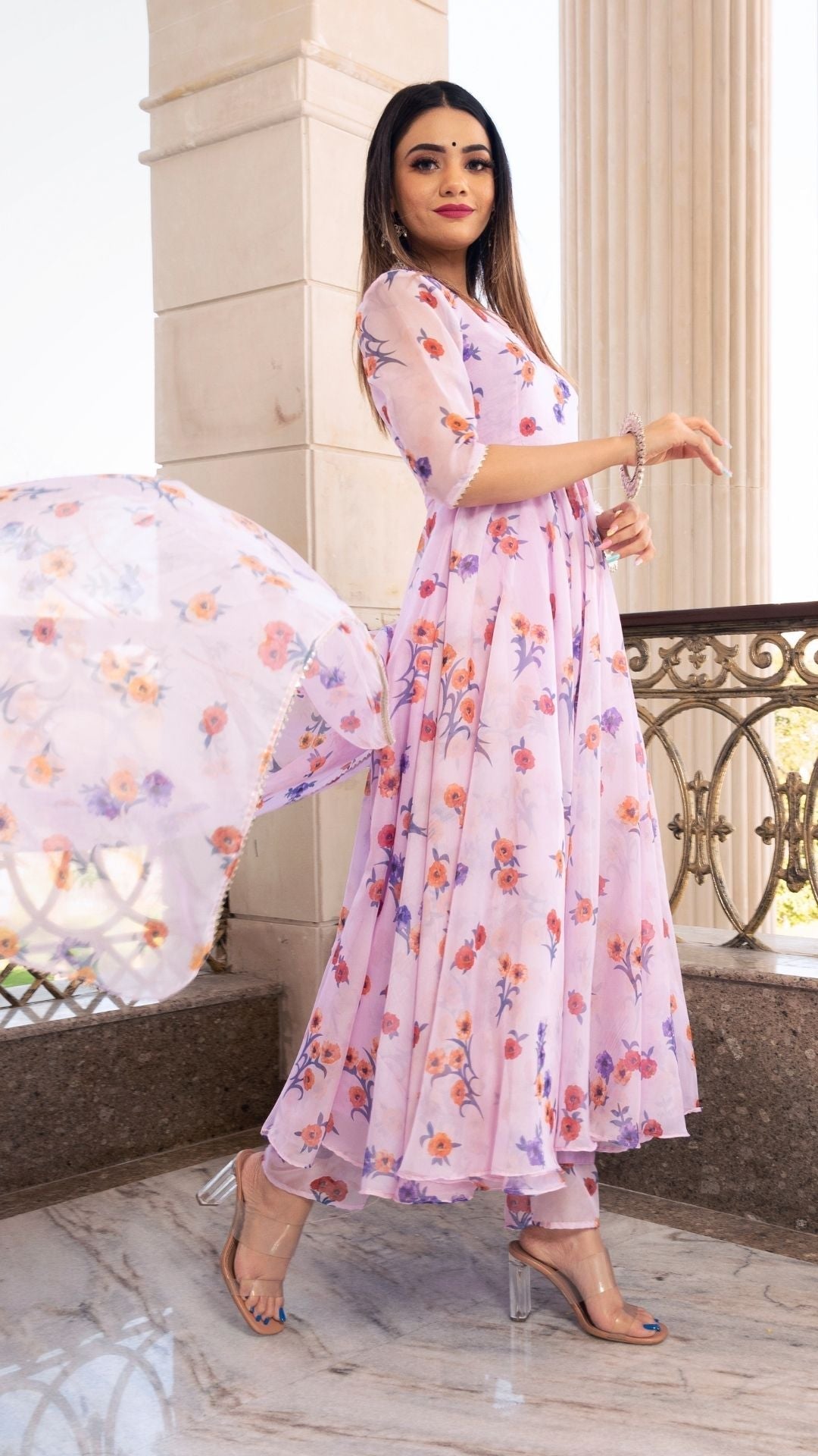 Pomcha Jaipur Lavender Gangaur Printed Organza Anarkali | Swadesiicart