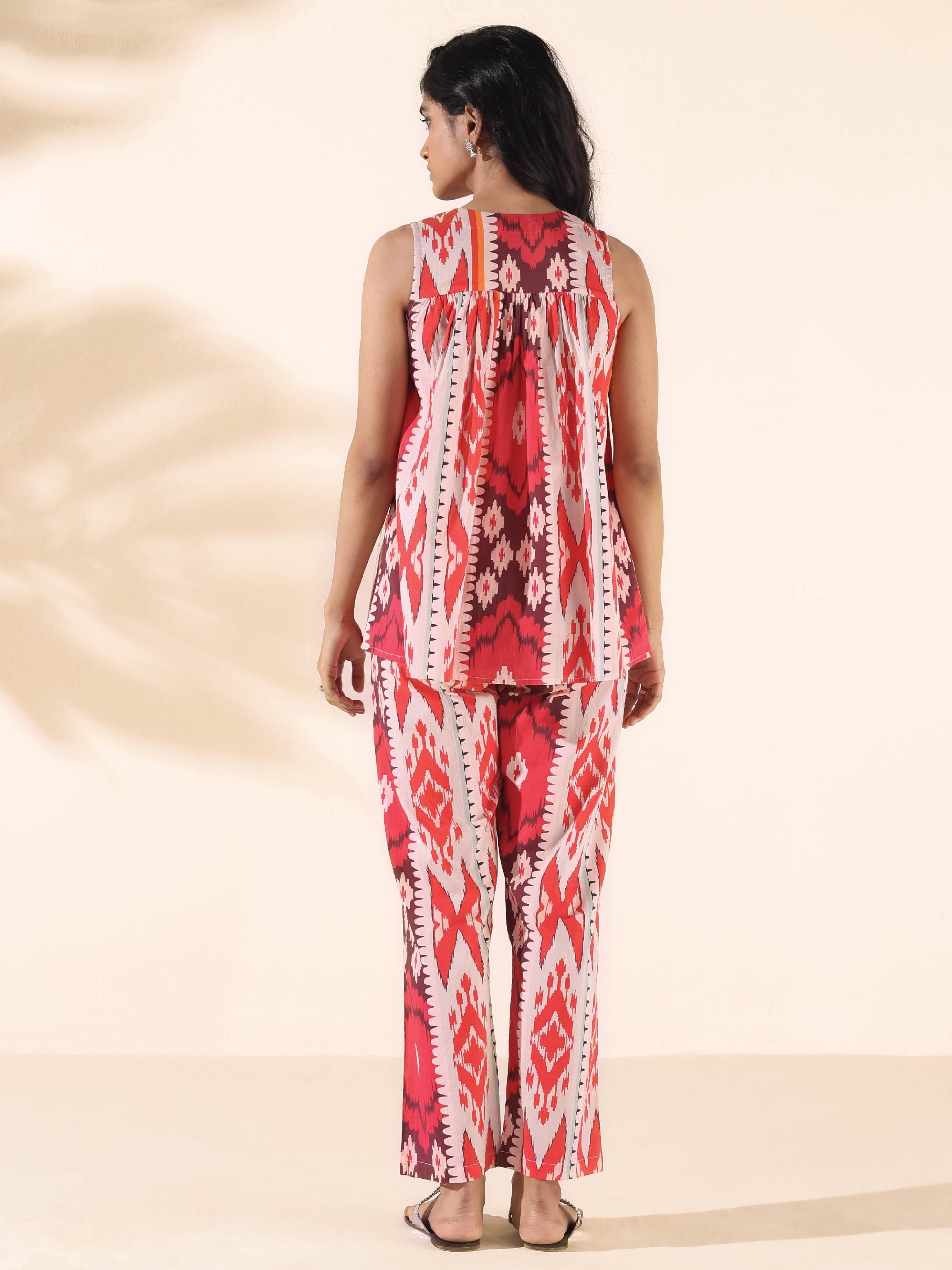 trueBrowns Maroon Cotton Ikat Flared Co-ord Set - Swadesiicart
