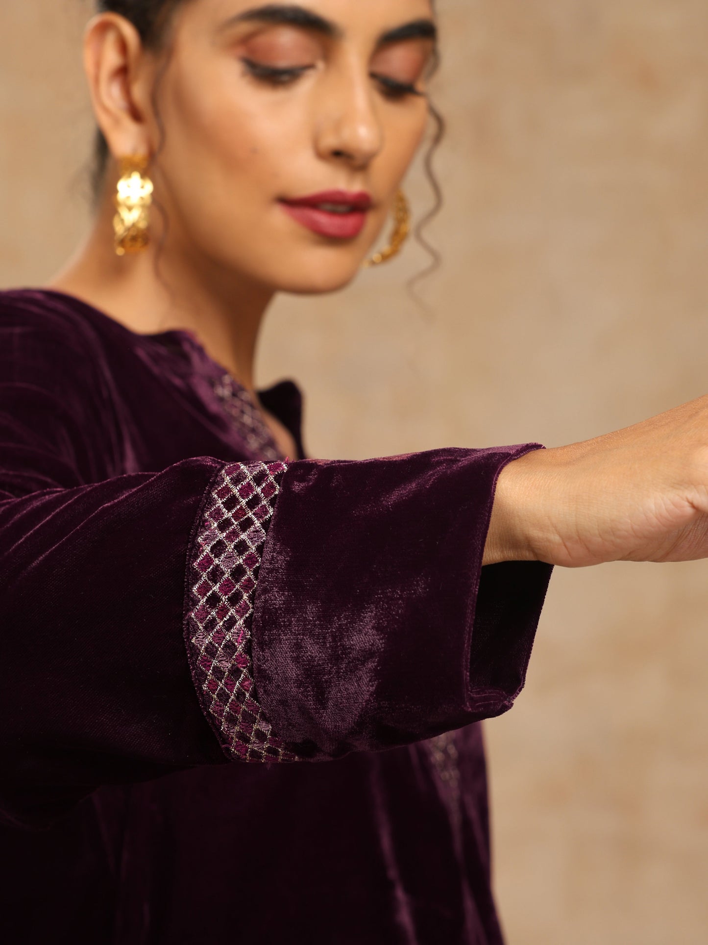trueBrowns Wine Velvet Placket Embroidered Co-ord Set - Swadesiicart