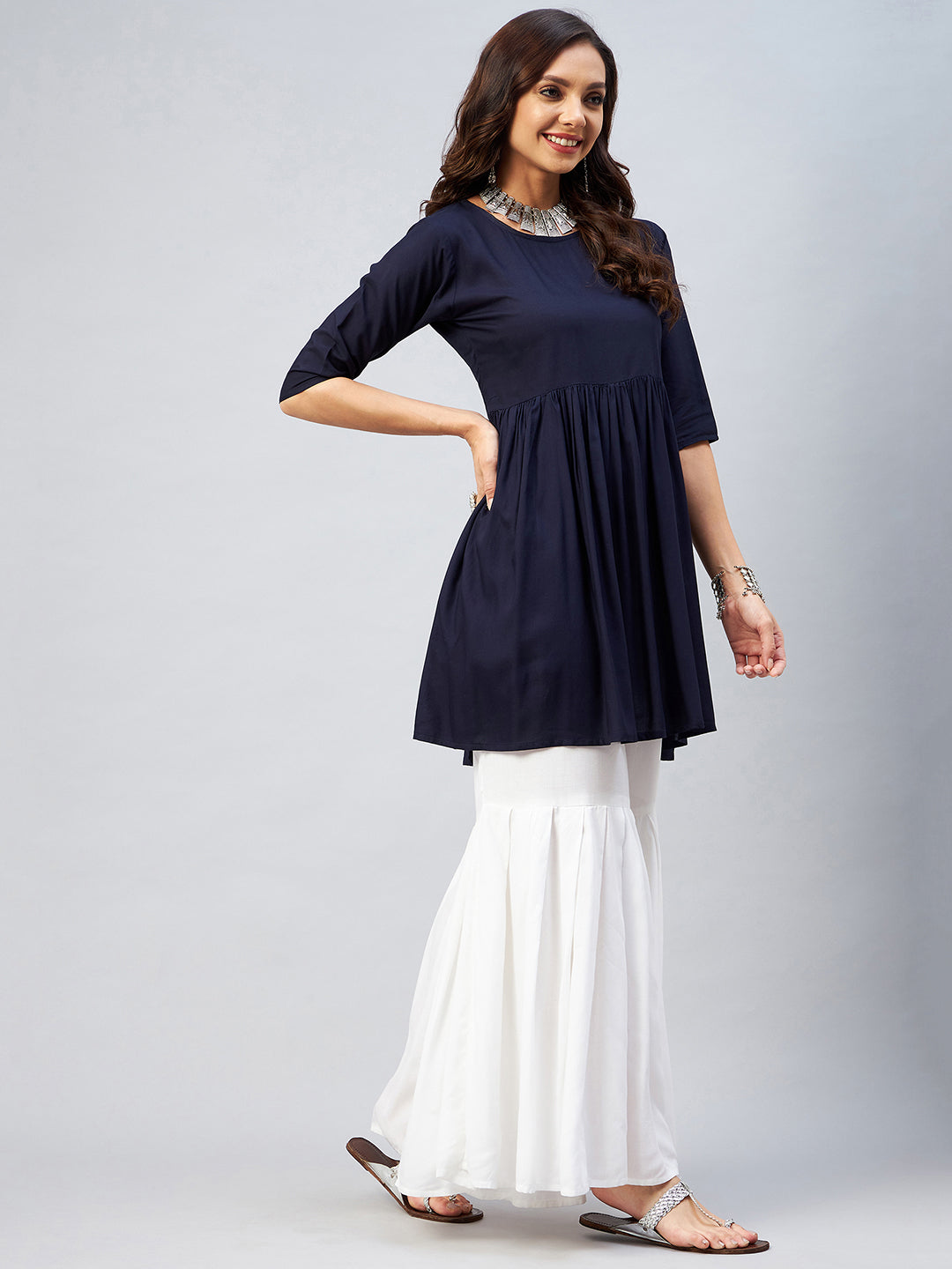 InWeave Women's Navy Blue Short Anarkali Kurta - Swadesiicart
