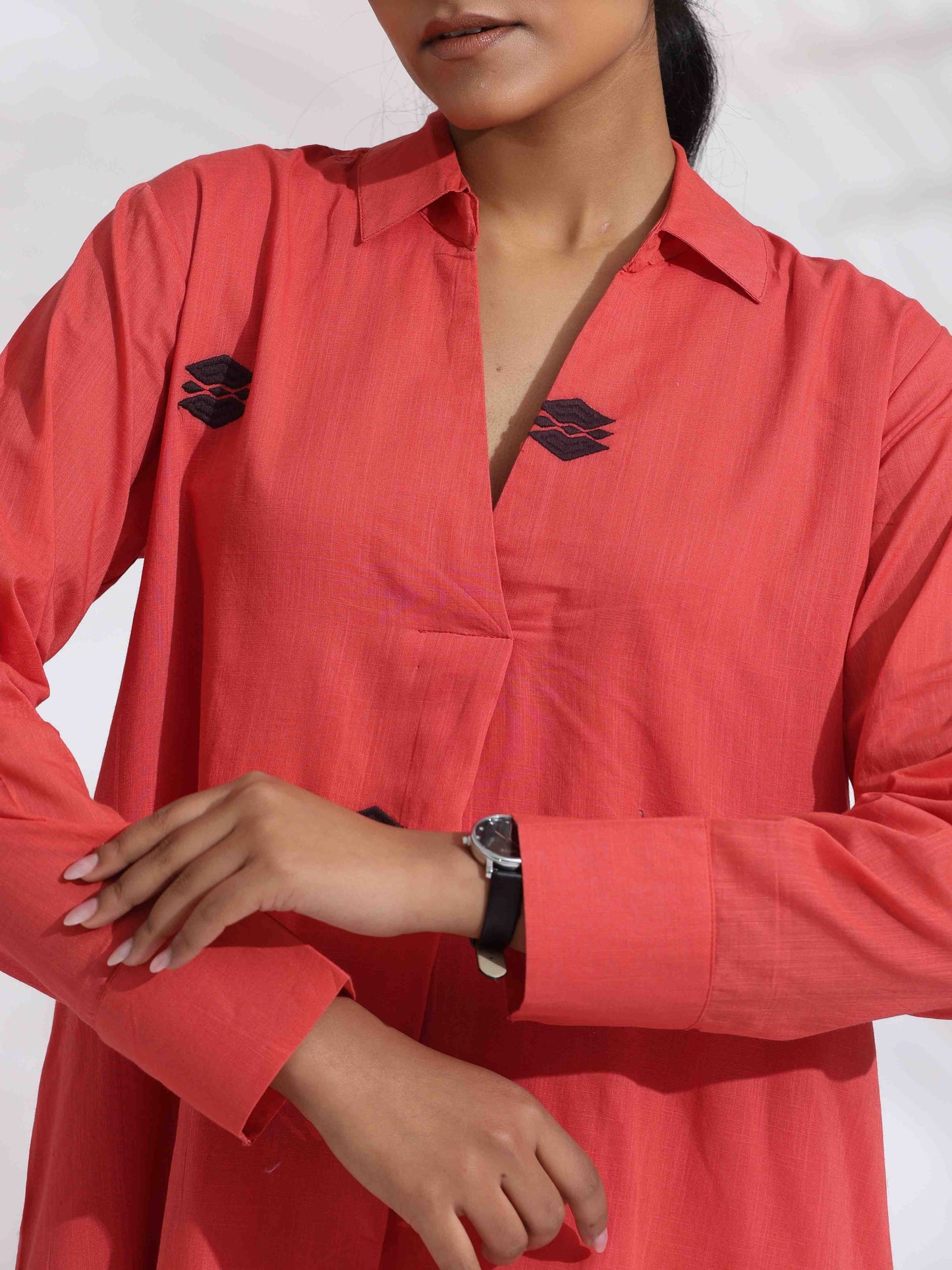 trueBrowns Orange Cotton Embroidered Flared Dress | Swadesiicart