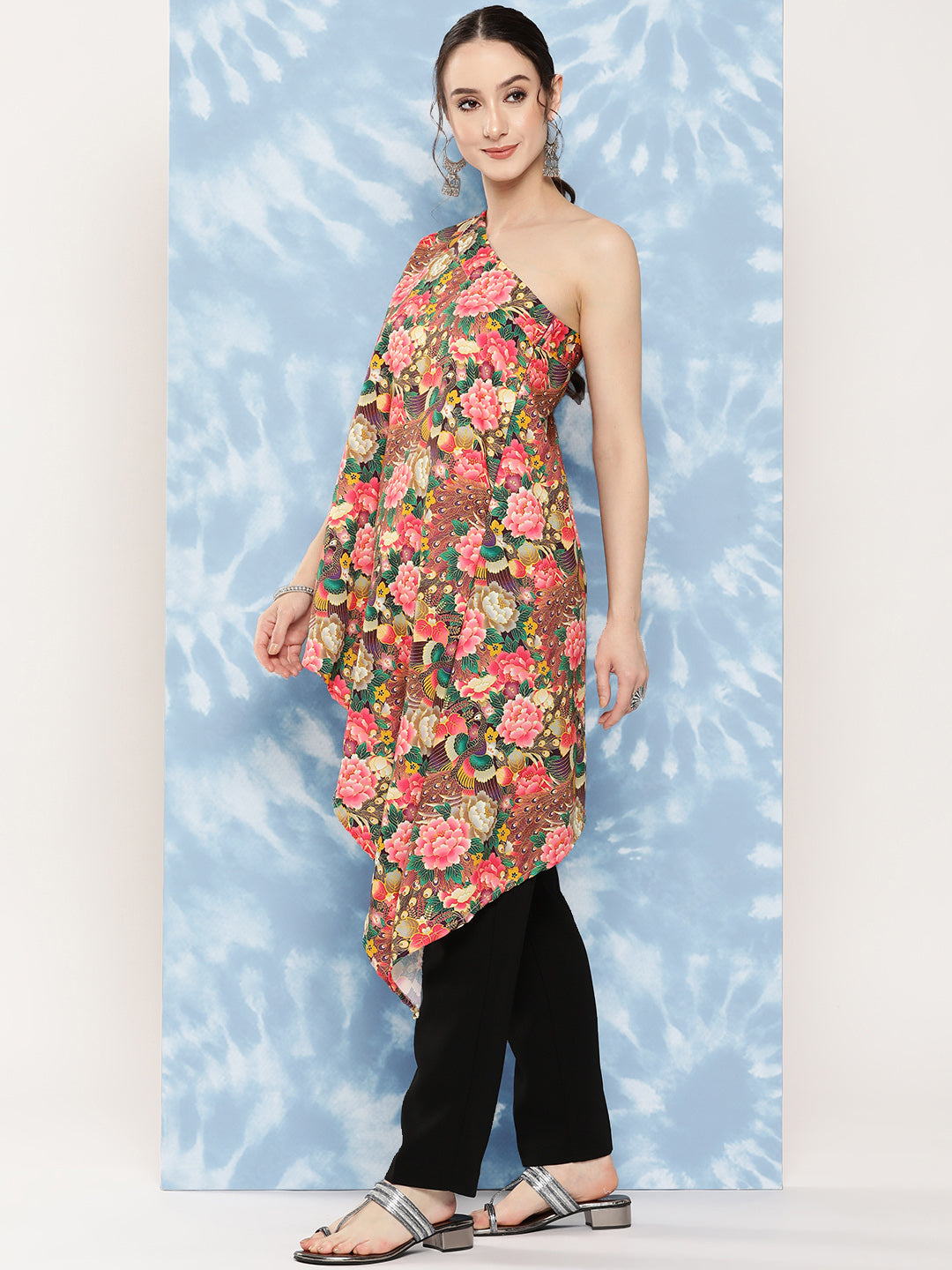 InWeave Women's Mutli Peacock Japanese Art Oneshoulder Top - Swadesiicart