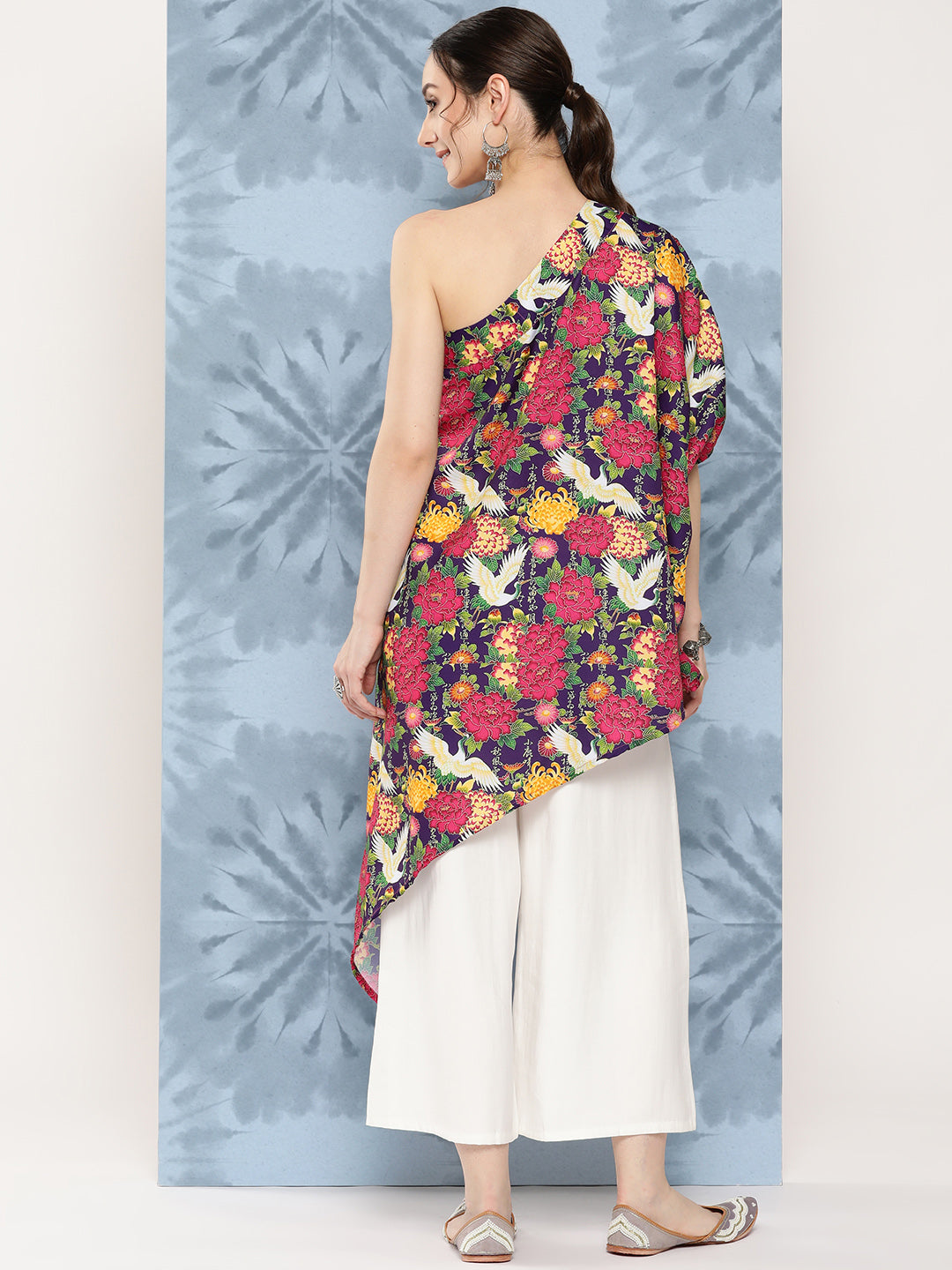 InWeave Women's Navy Bird Japanese Art Oneshoulder Top - Swadesiicart