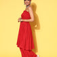 InWeave Women's Red Mirror Work Off Shoulder Kurta Set - Swadesiicart