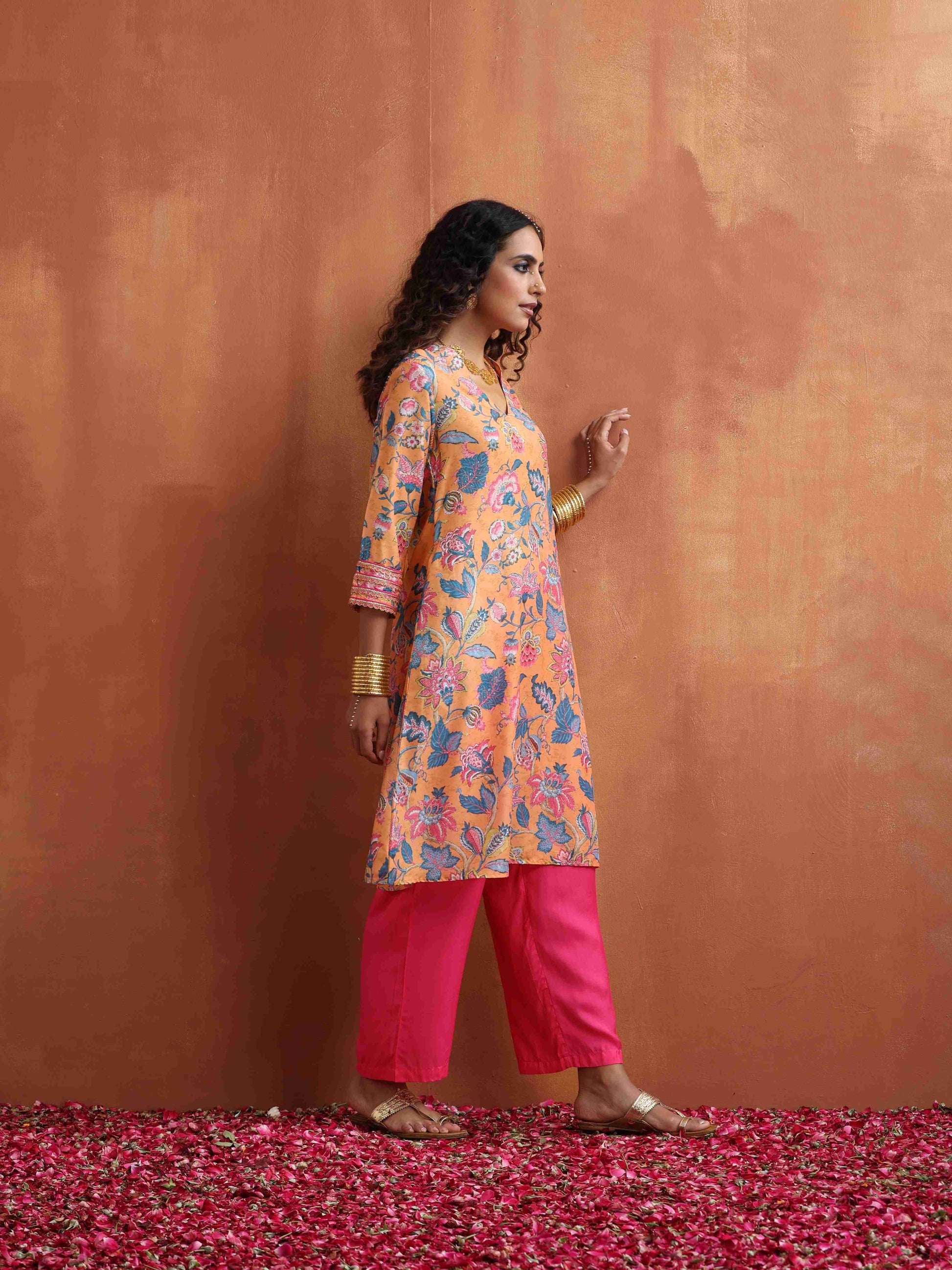 trueBrowns Orange Print Kurta Co-ord Set - Swadesiicart