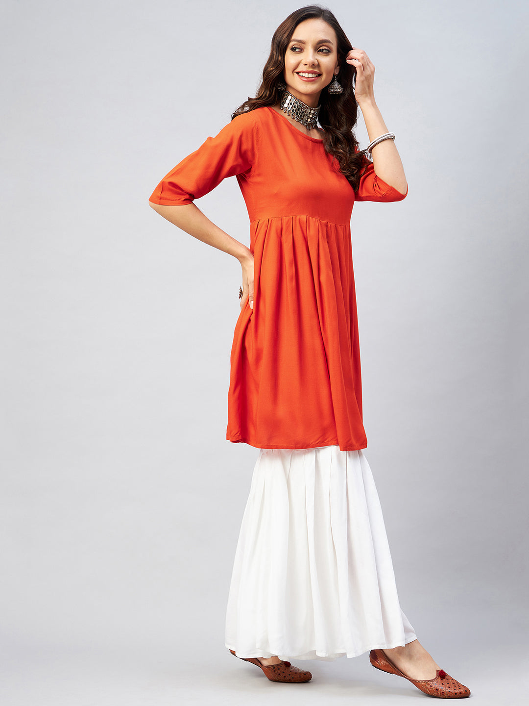 InWeave Women's Orange Short Anarkali Kurta - Swadesiicart