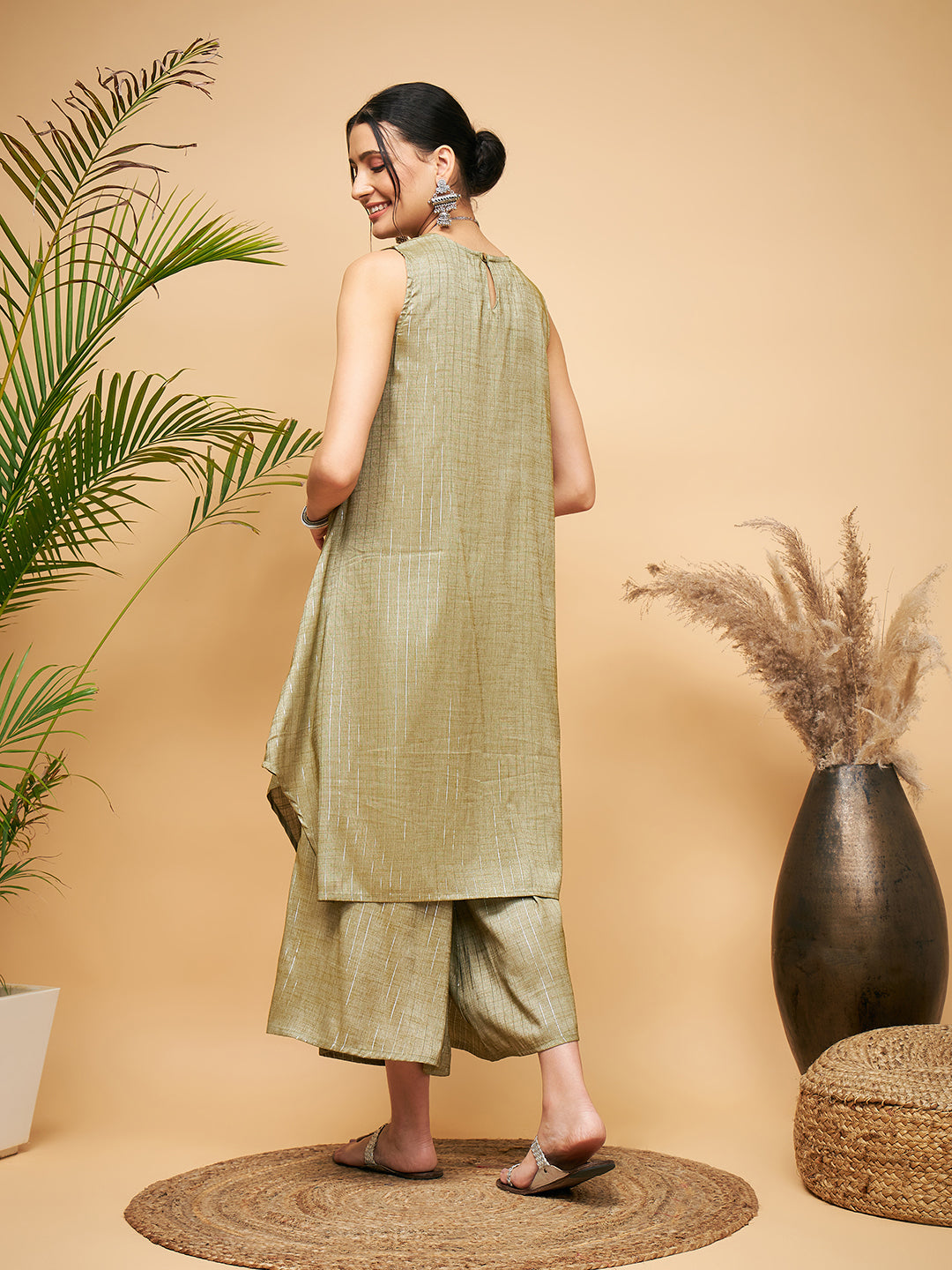 InWeave Women's Olive Lurex Short Pallazo Kurta Set - Swadesiicart