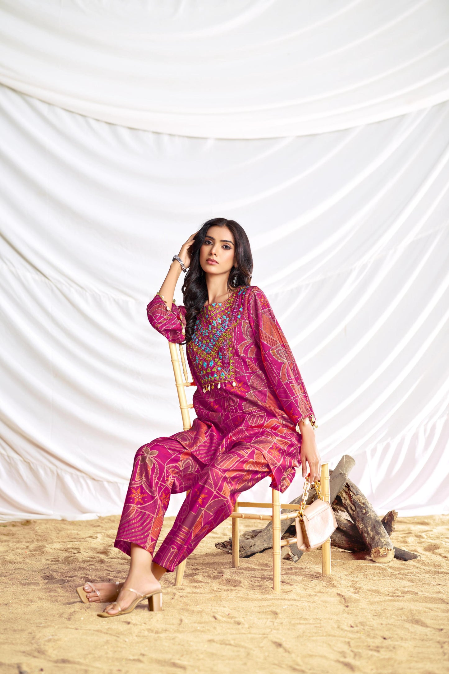 BulBul Ashka Chanderi Fuschia Co-Ord Set - Swadesiicart