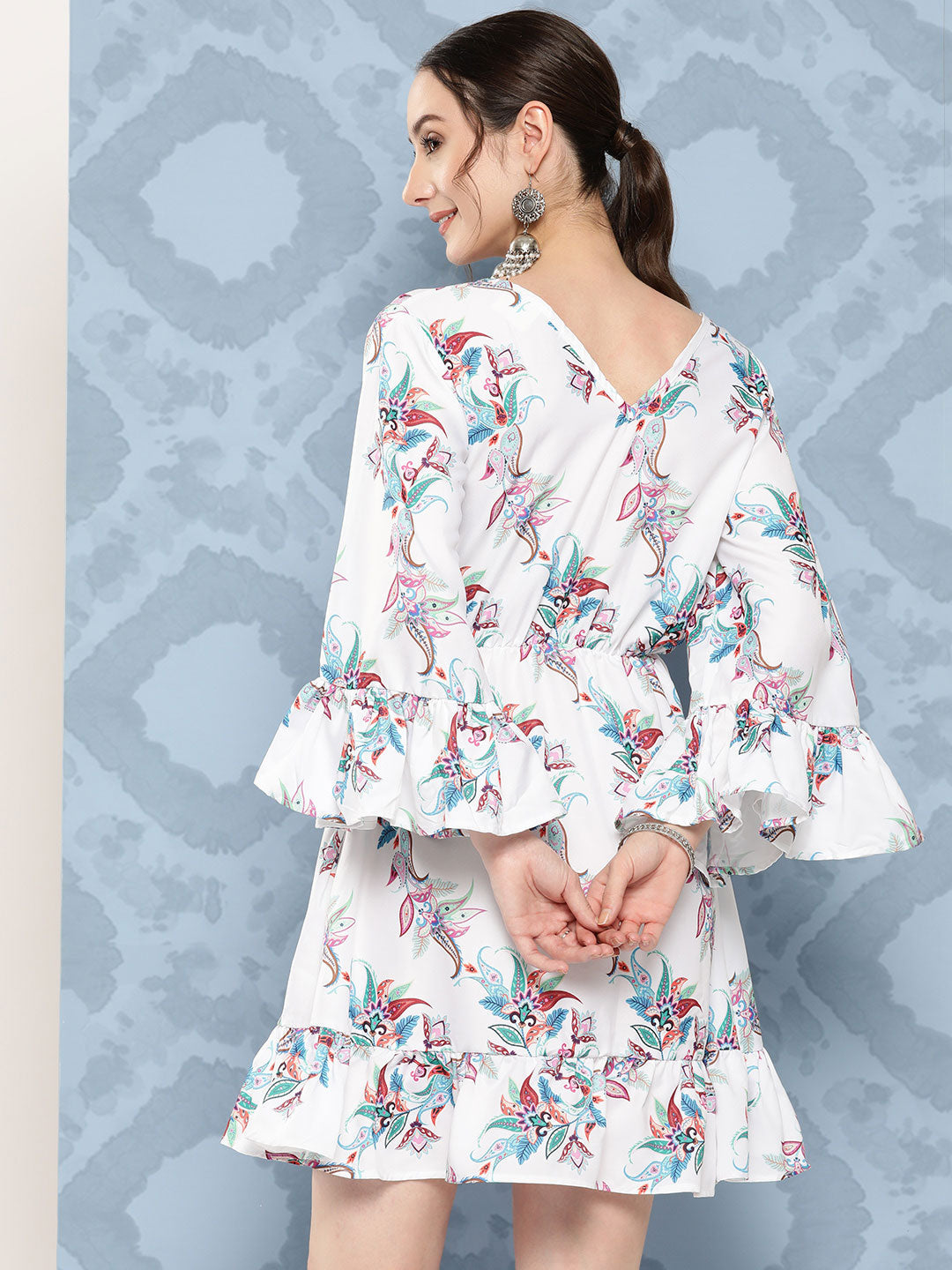 InWeave Women's White Floral Paisley Print Short Dress - Swadesiicart