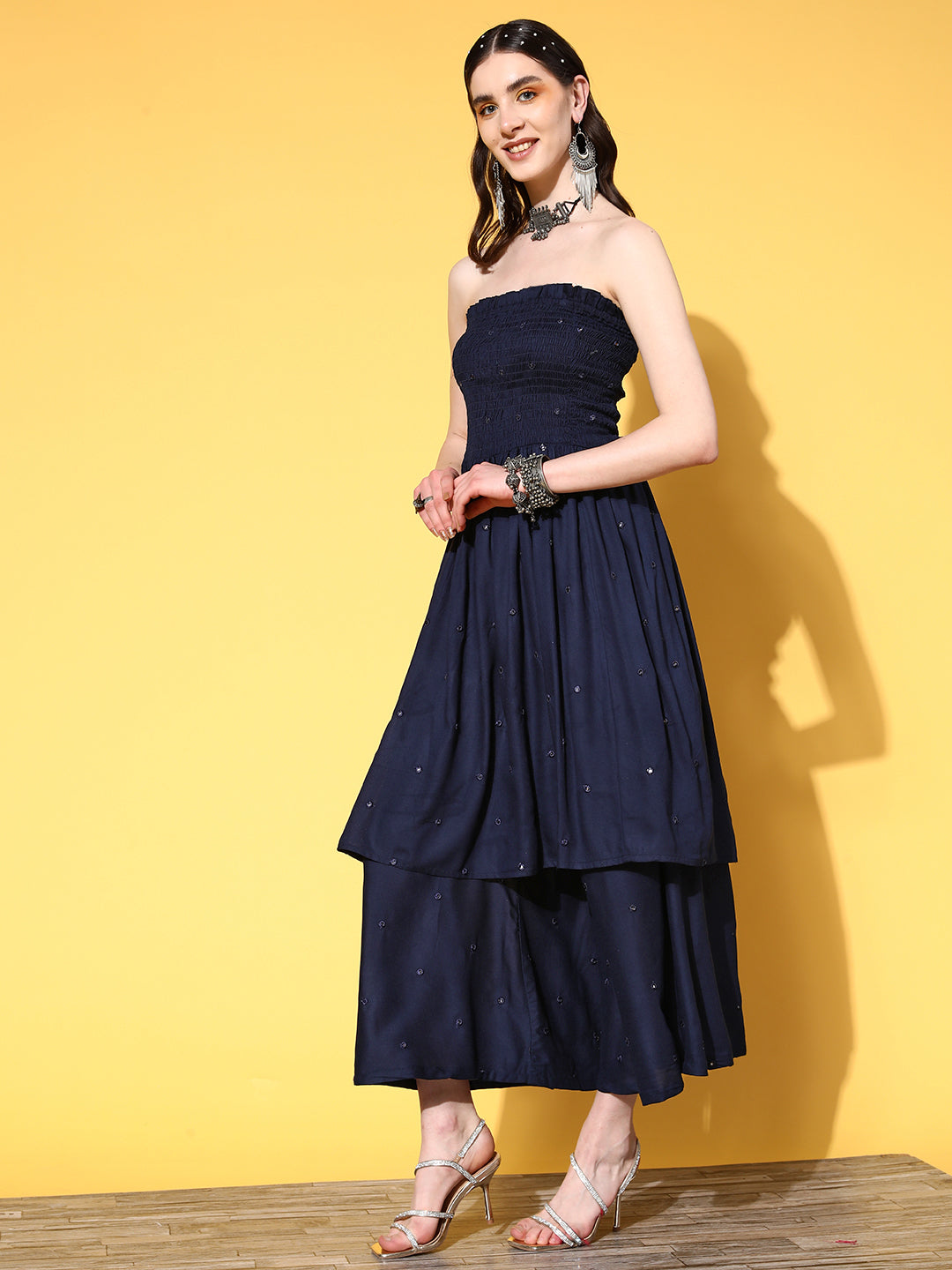 InWeave Women's Navy Mirror Work Off Shoulder Kurta Set With Dupatta - Swadesiicart