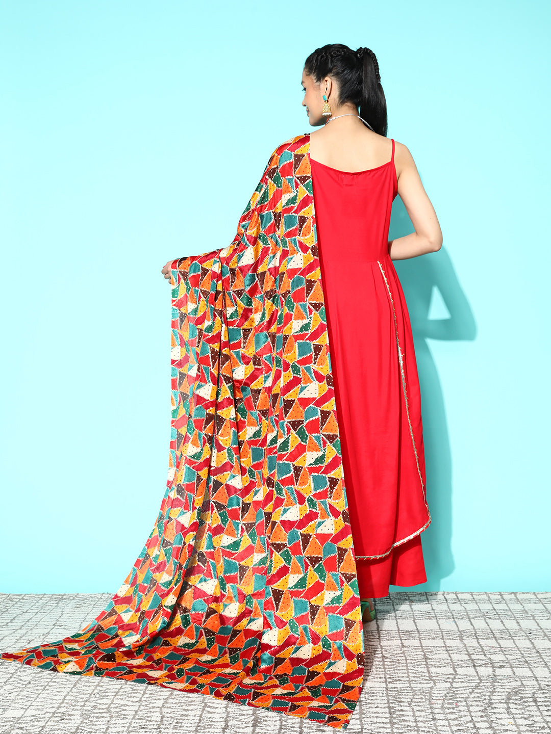 InWeave Women's Red Gota Strappy Set With Multi Foil Muslin Dupatta - Swadesiicart