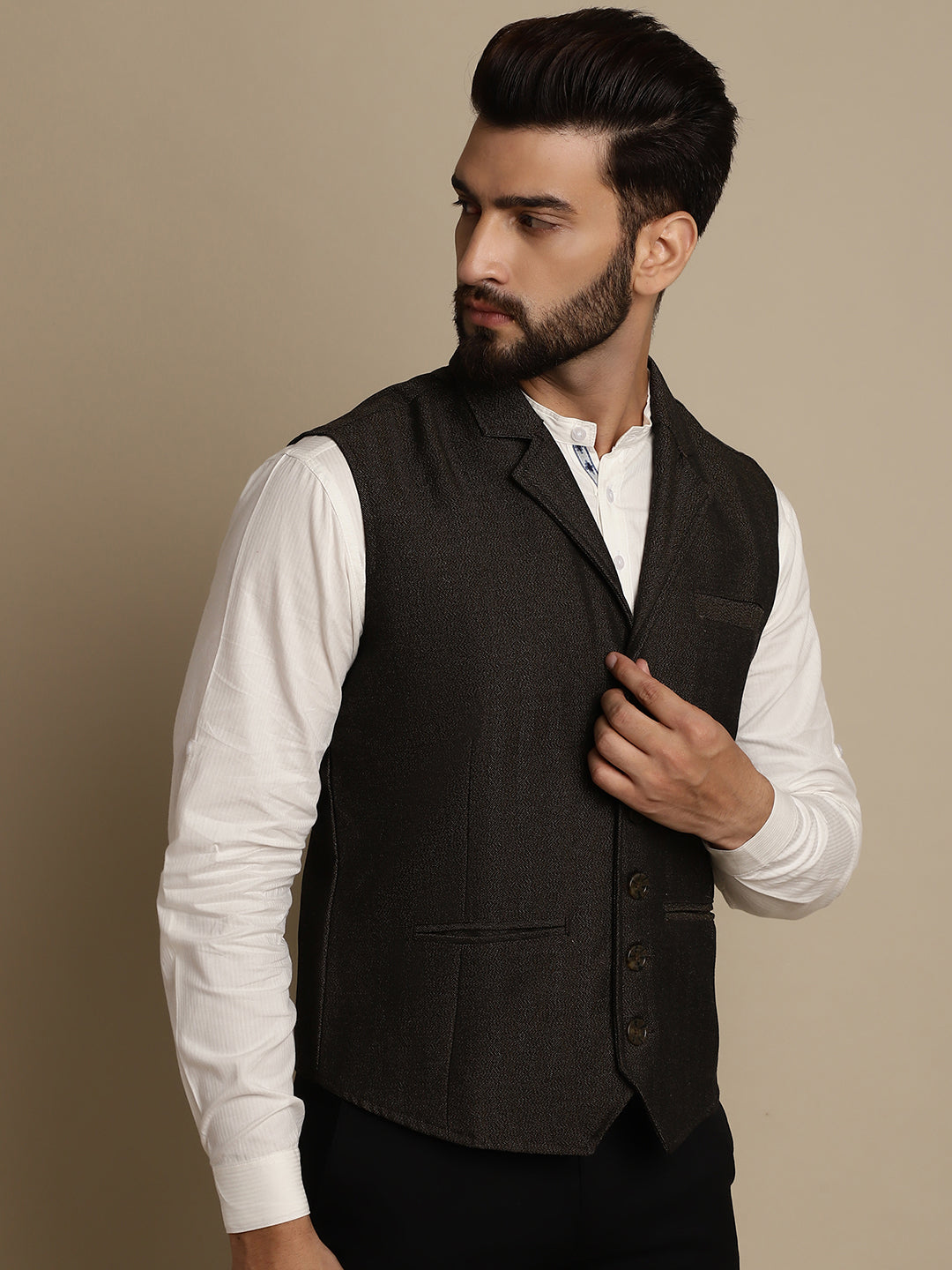 Even Apparels Men's Brown Wool Waistcoat with Notched Lapel | Swadesiicart