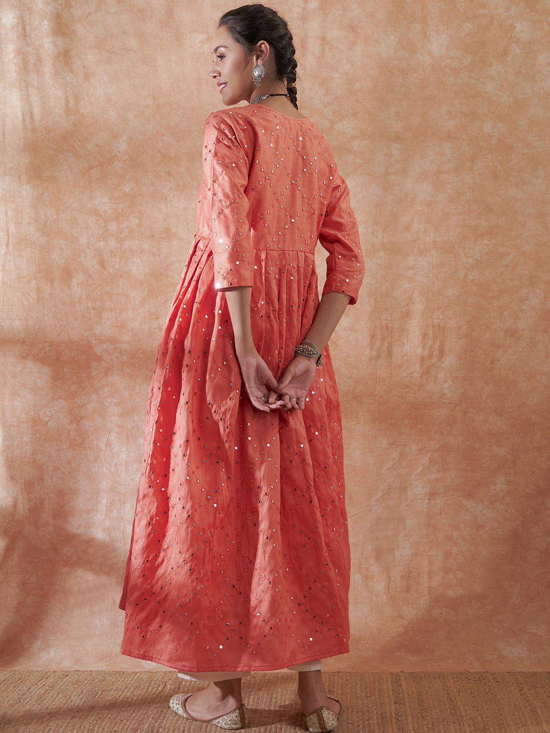 InWeave Women's Peach Mirror Work Long Anarkali Kurta - Swadesiicart