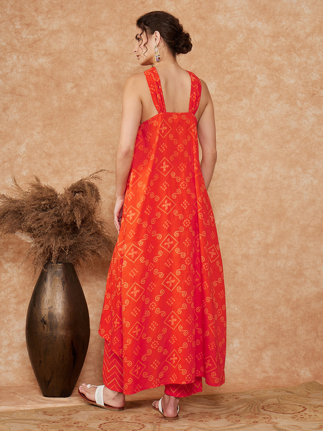 InWeave Women's Orange S Print Twisted Neckline Kurta Pant Set - Swadesiicart