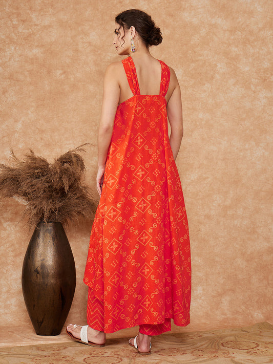 InWeave Women's Orange S Print Twisted Neckline Kurta Pant Set - Swadesiicart