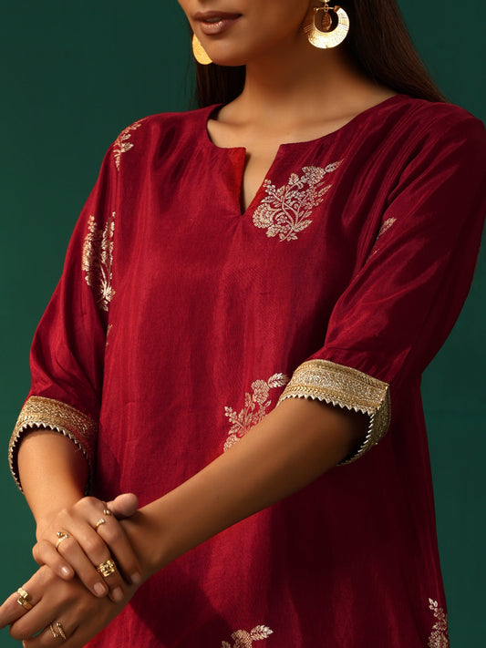 trueBrowns Maroon Floral Viscose Silk High Low Co-ord Set - Swadesiicart