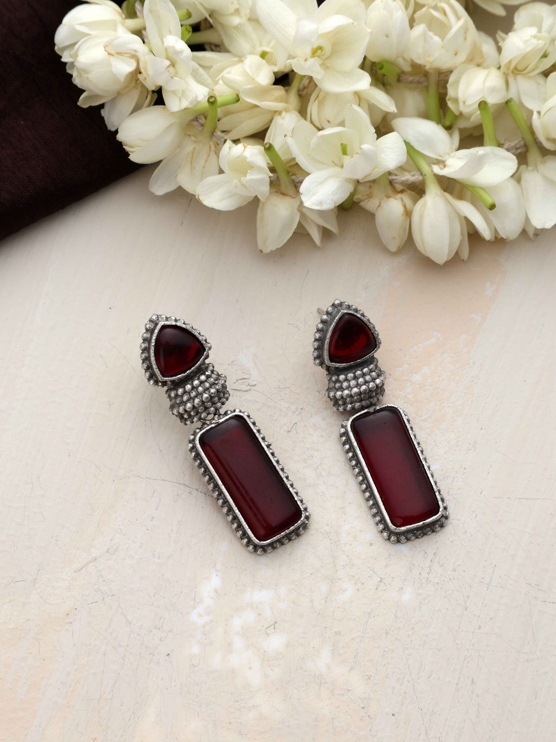 trueBrowns Silver tone Red Stone Drop Earrings - Swadesiicart
