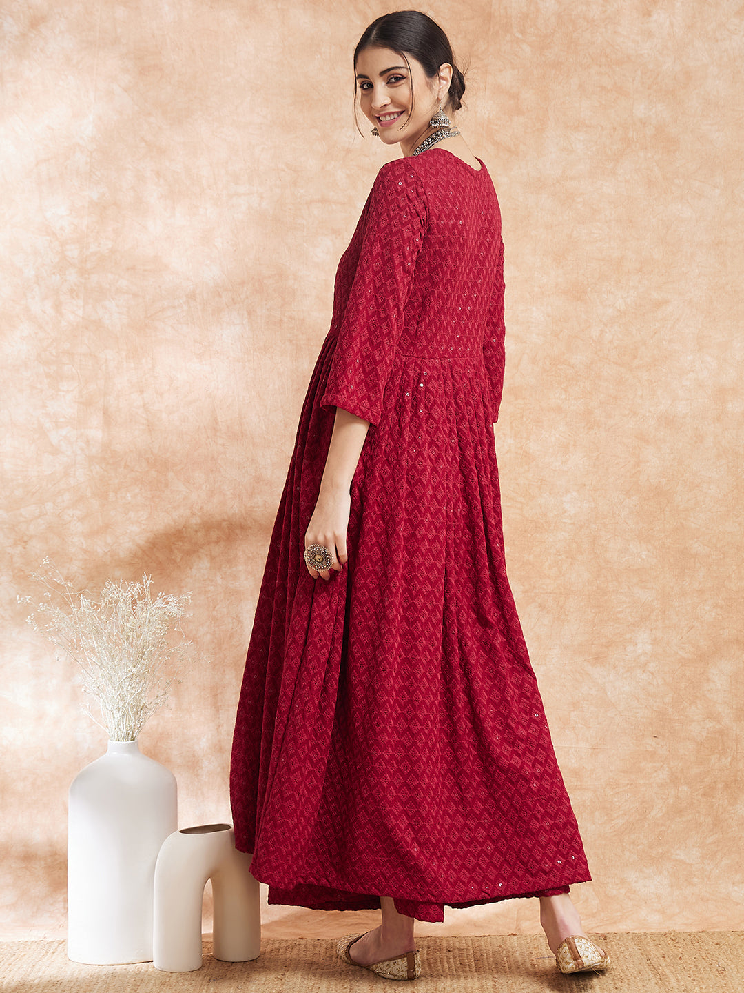 InWeave Women's Maroon Chikankari Long Anarkali Kurta Sharara Set - Swadesiicart