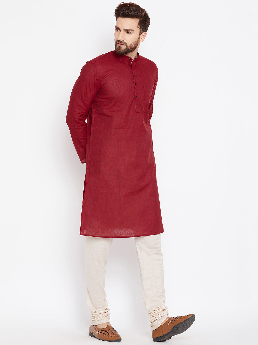 Even Apparels Maroon Pure Cotton Kurta With Band Collar | Swadesiicart