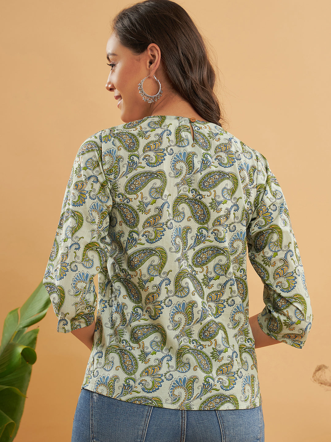 InWeave Women's Sage Green Paisley Print Top - Swadesiicart
