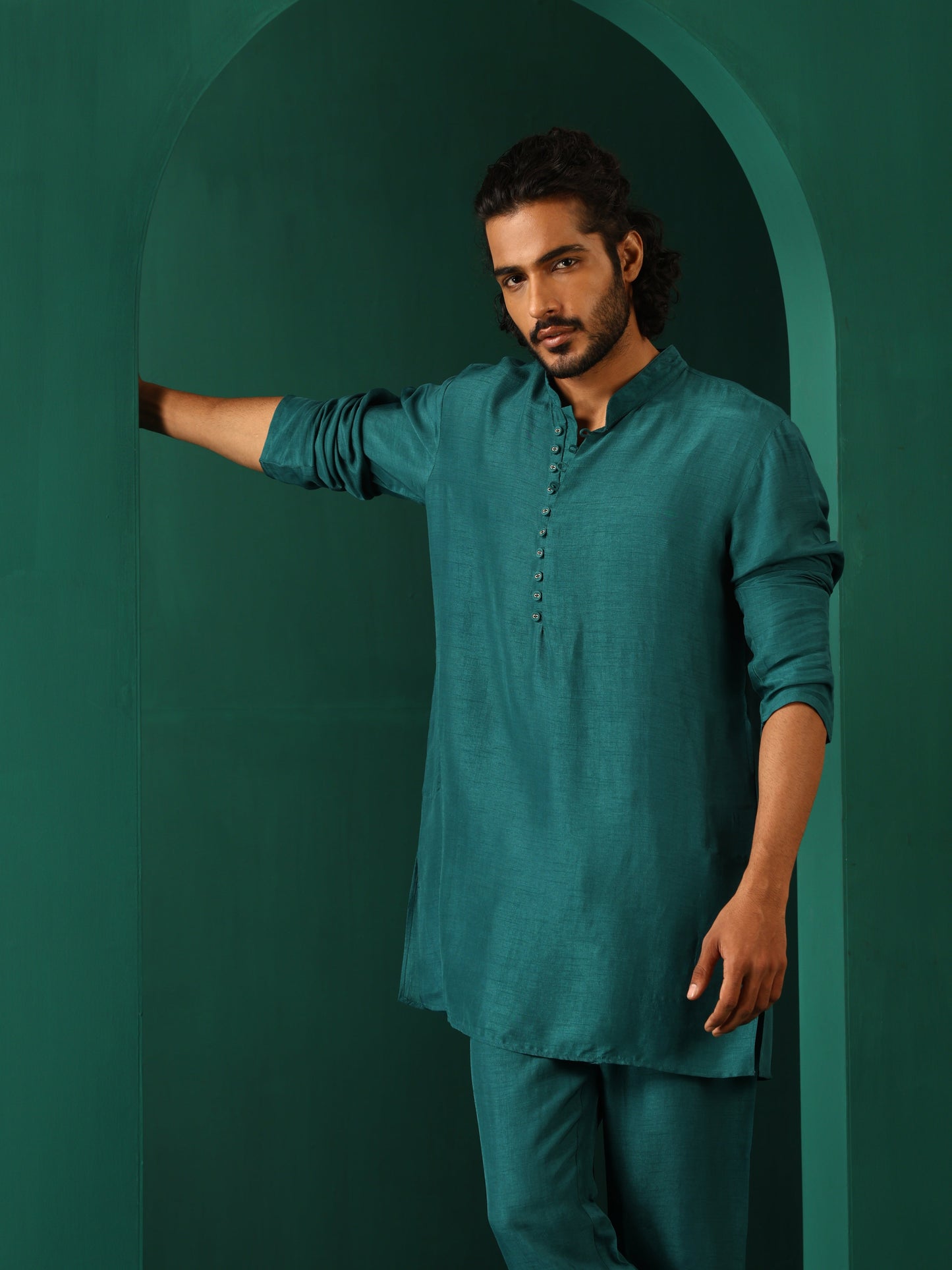 trueBrowns Men's Teal Silk Co-ord Set - Swadesiicart