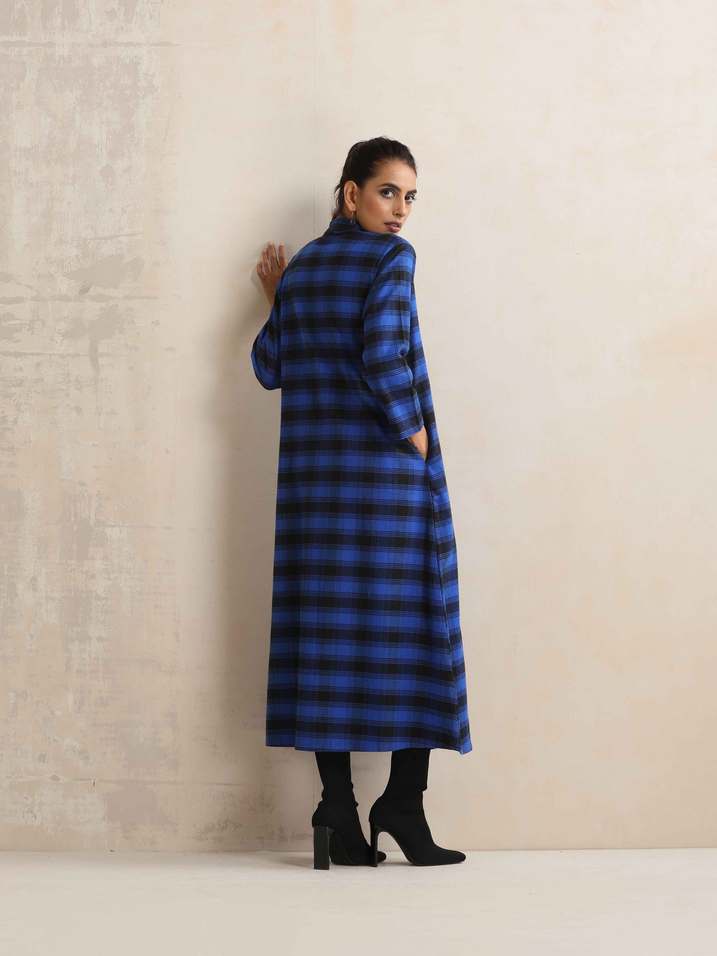 trueBrowns Blue Check Flared Winter Dress | Swadesiicart
