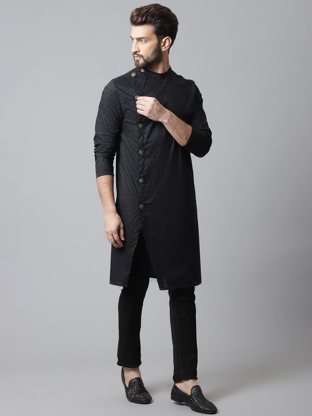 Even Apparels Black Sherwani Kurta With Asymetrical Cut | Swadesiicart