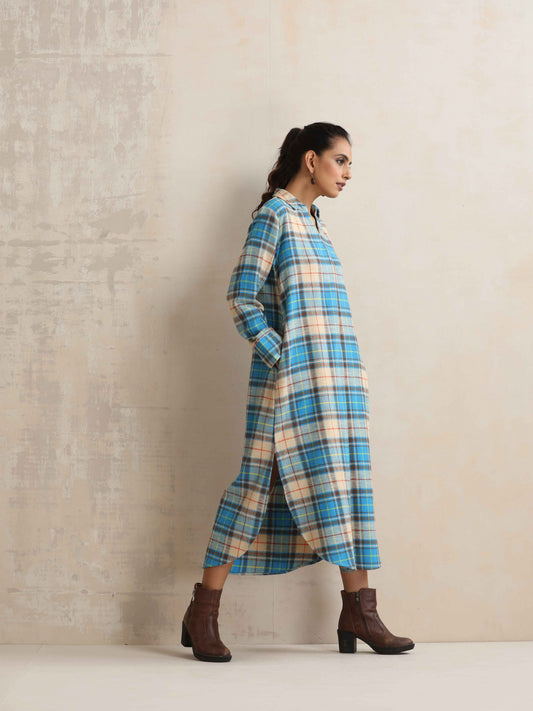 trueBrowns Beige Check Pleated Winter Dress | Swadesiicart
