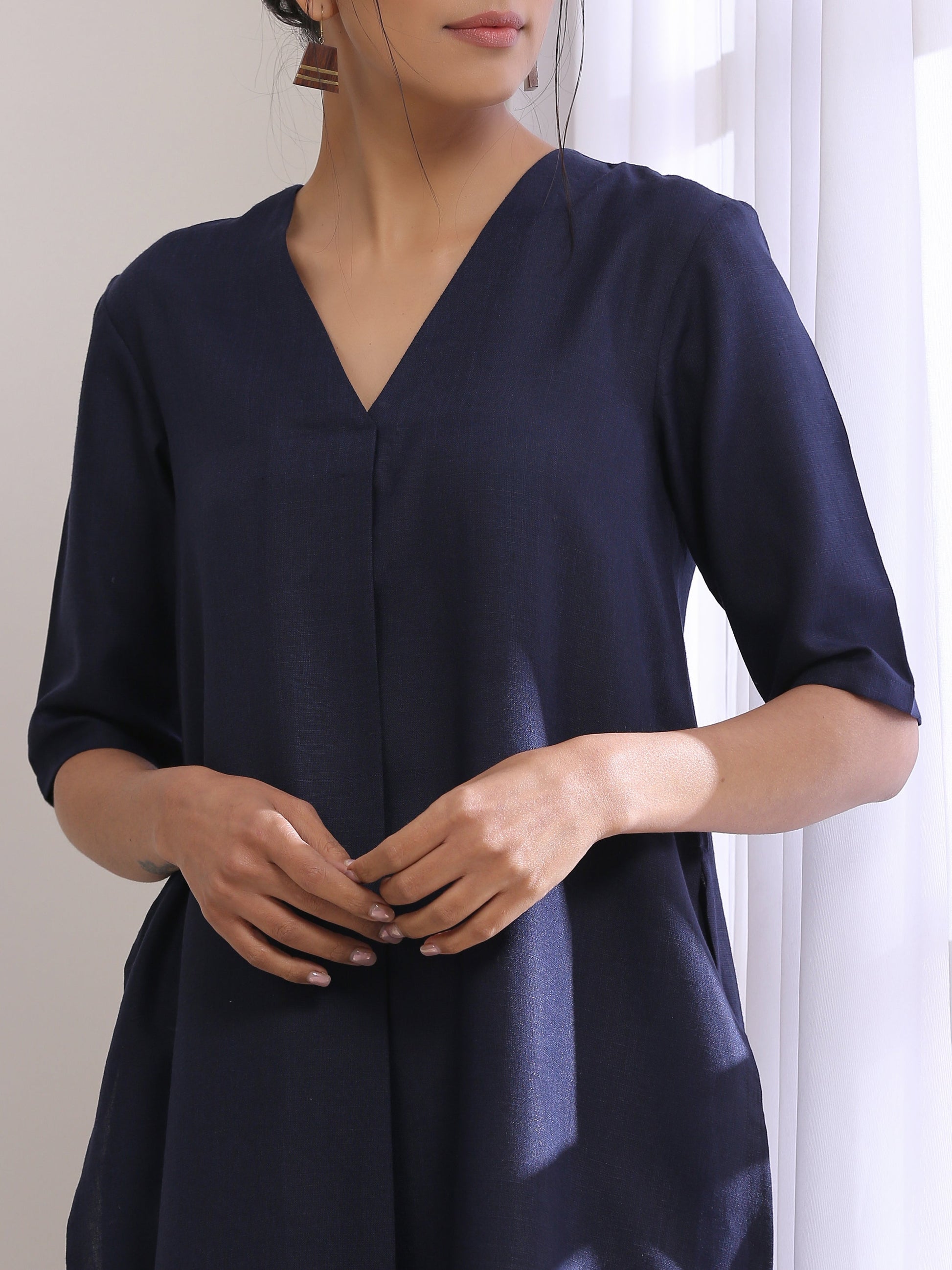 trueBrowns Blue Slub High Slit Kurta Pant Set | Swadesiicart