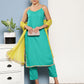 InWeave Women's Teal Lace Work Straight Strappy Kurta Set With Lime Green Chiffon Dupatta - Swadesiicart