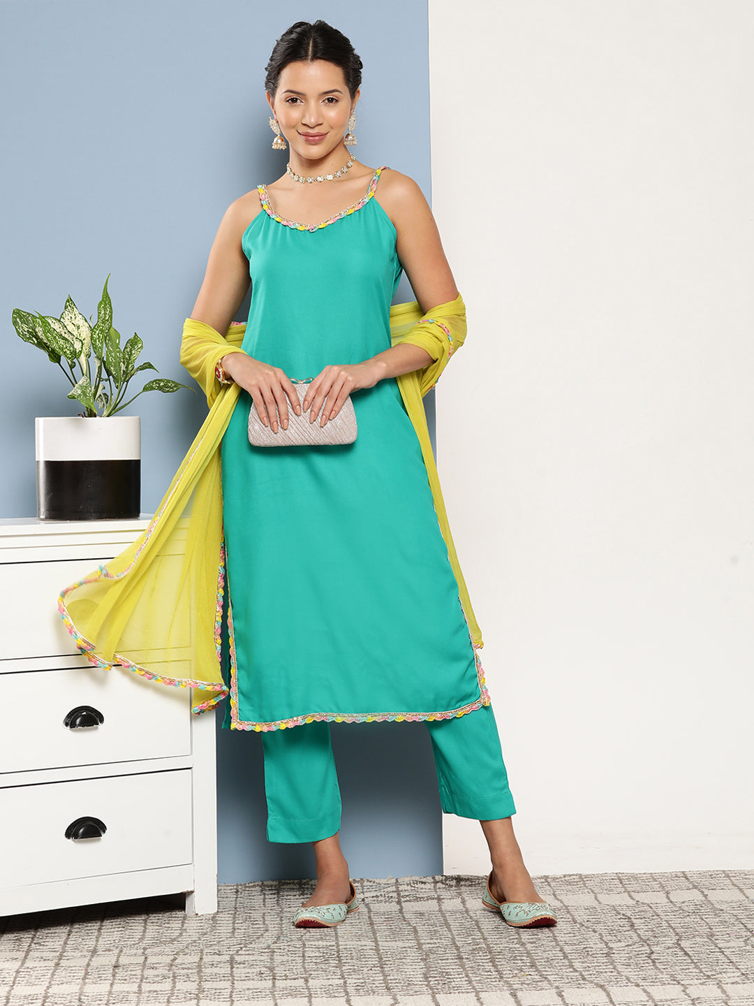 InWeave Women's Teal Lace Work Straight Strappy Kurta Set With Lime Green Chiffon Dupatta - Swadesiicart