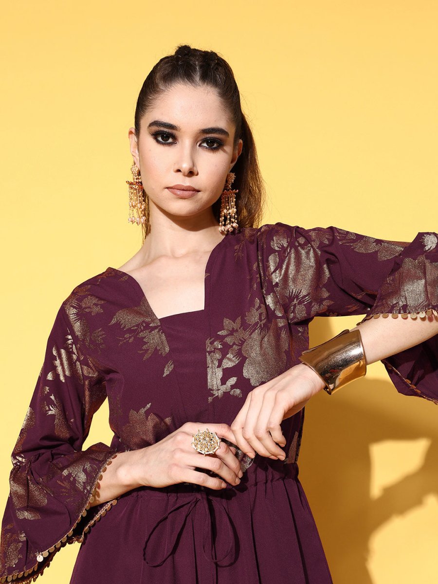 Ahalyaa Burgundy & Gold-Toned Bell Sleeves Printed Ethnic Jumpsuit With Waist Tie-Ups | Swadesiicart